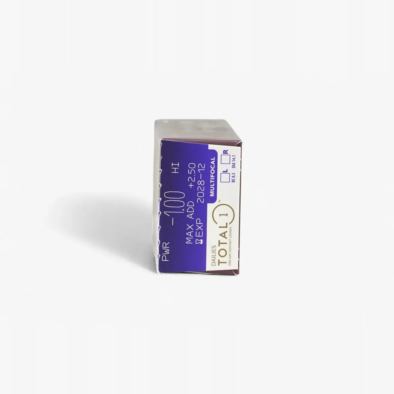 A box of Dailies Total 1 Multifocal - 30 Pk daily contacts is shown from the side, displaying prescription details like power -1.00, max add +2.50, and expiration date 2028-02.