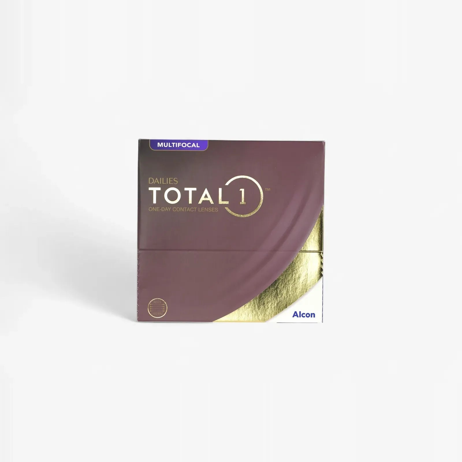 A box of Dailies Total 1 Multifocal - 90 Pk daily contact lenses, featuring maroon and gold branding on the front, is displayed against a plain white background.