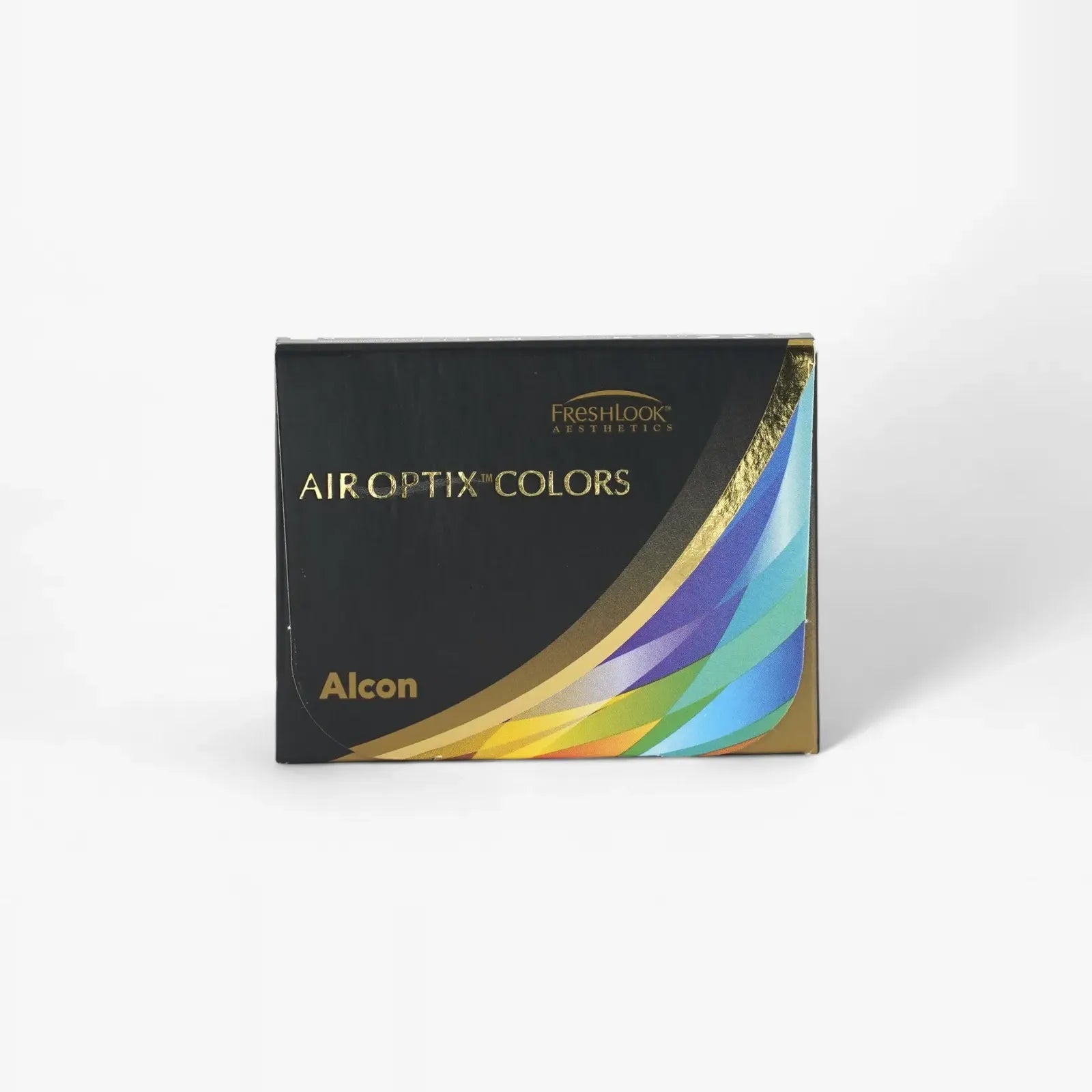 A black and gold box of Air Optix Aqua Colors (Two) - 2 Pk contact lenses by Alcon, featuring a colorful curved design, the FreshLook Aesthetics label on the front, and designed for vision correction.