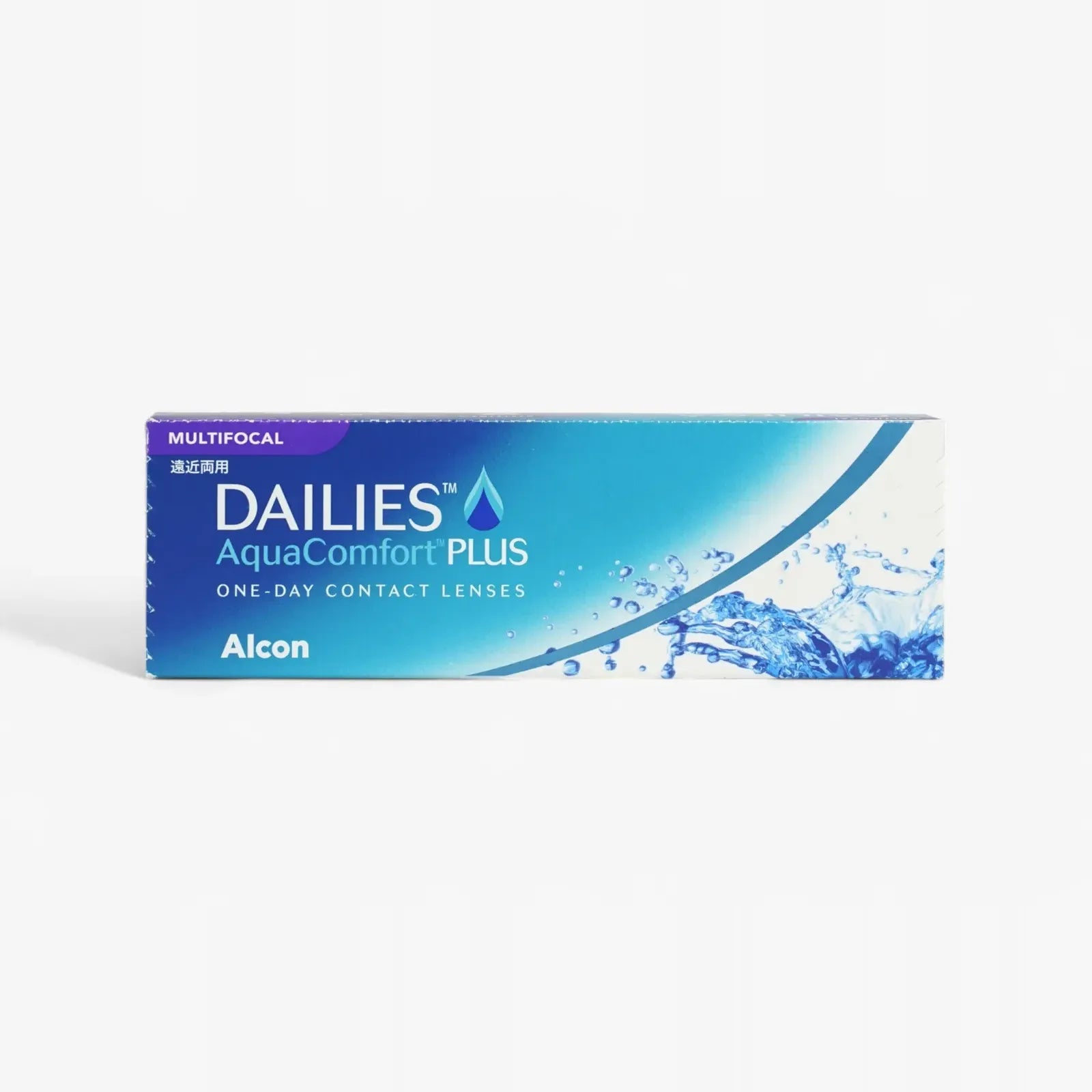 A blue and white box of Dailies Aquacomfort Plus Mf - 30 Pk daily contact lenses, featuring a splash of water design on the right.