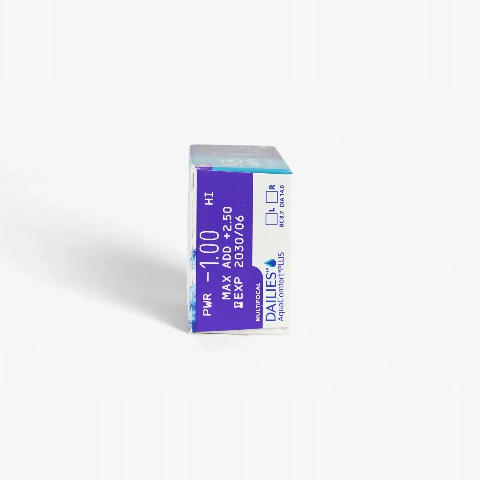 A box of Dailies Aquacomfort Plus Mf - 30 Pk daily contact lenses stands upright on a white background, with prescription details and expiration date visible on the front label.