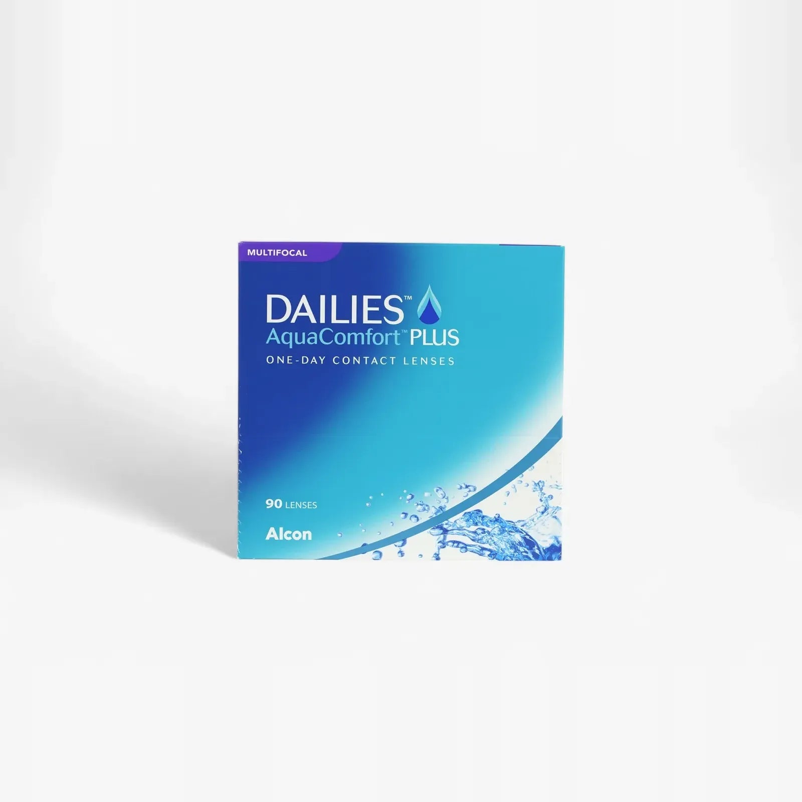 A blue and white box of Dailies Aquacomfort Plus Mf - 90 Pk daily contact lenses by Alcon, featuring blink-activated moisture, water splash design, and containing 90 one-day lenses.