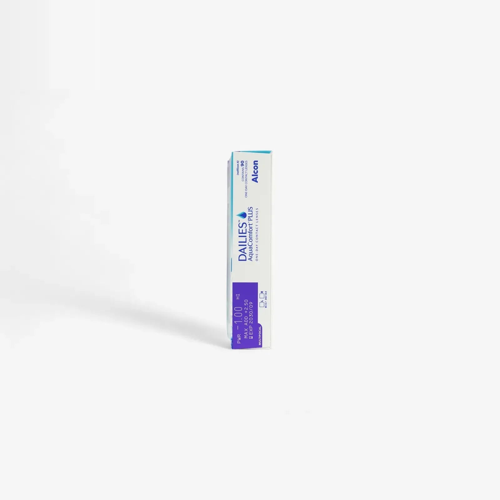 A box of Dailies Aquacomfort Plus Mf - 90 Pk daily contact lenses stands upright on a white background, featuring blue and purple graphics and promoting its Blink-Activated Moisture technology.