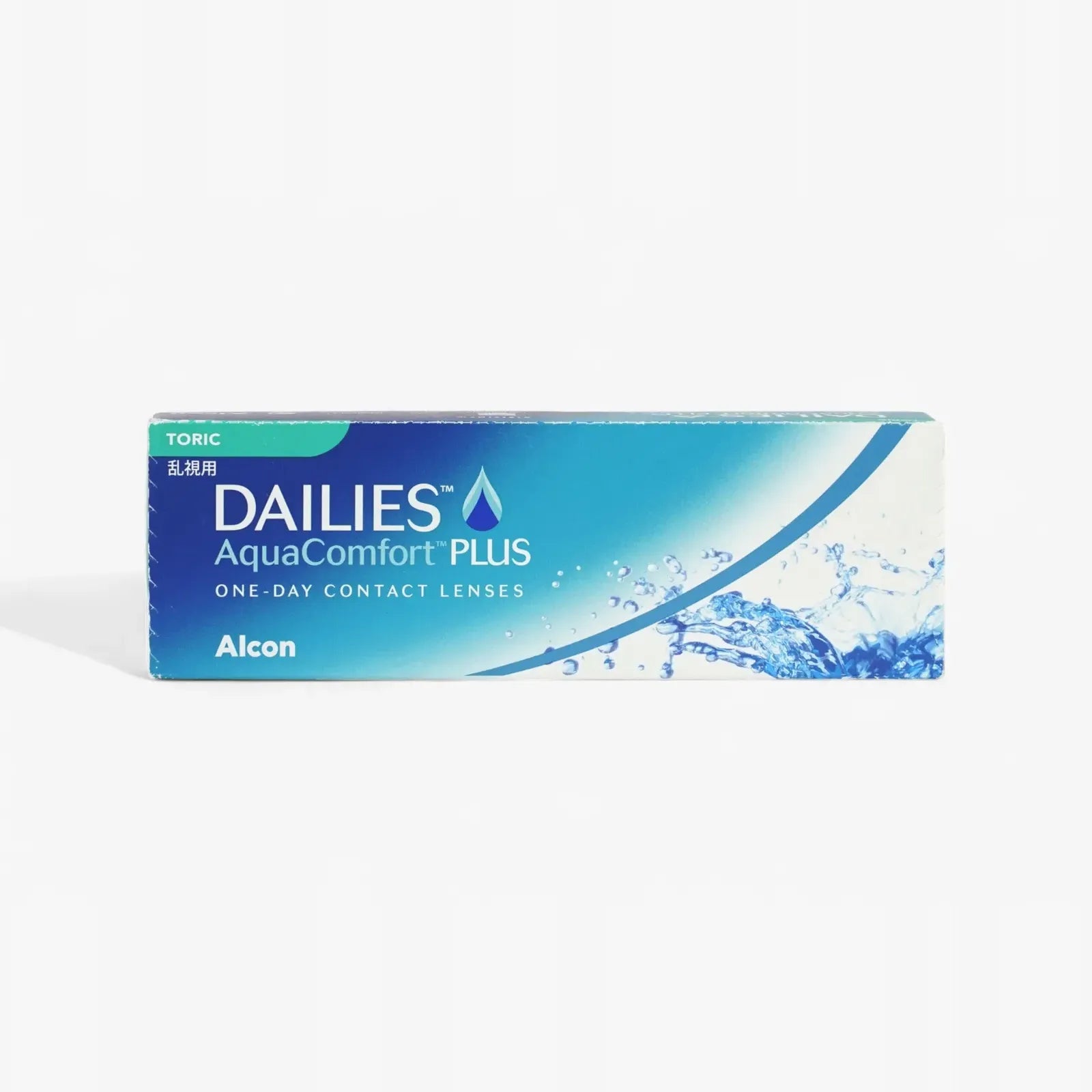 A blue and white rectangular box of Dailies Aqua Comf Plus Toric - 30Pk daily toric contact lenses by Alcon, featuring a water splash image and TORIC label in the top left corner for astigmatism.