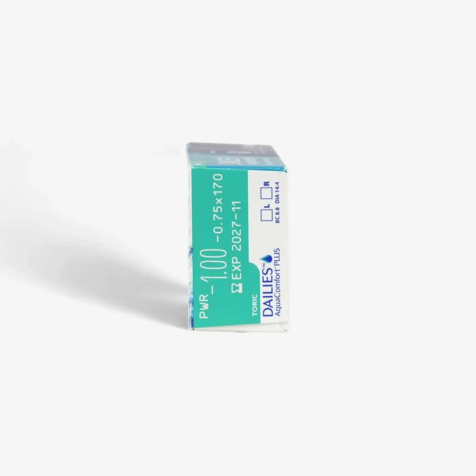 A box of Dailies Aqua Comf Plus Toric - 30Pk daily contacts stands upright on a white background, showing prescription details and expiration date on its side.