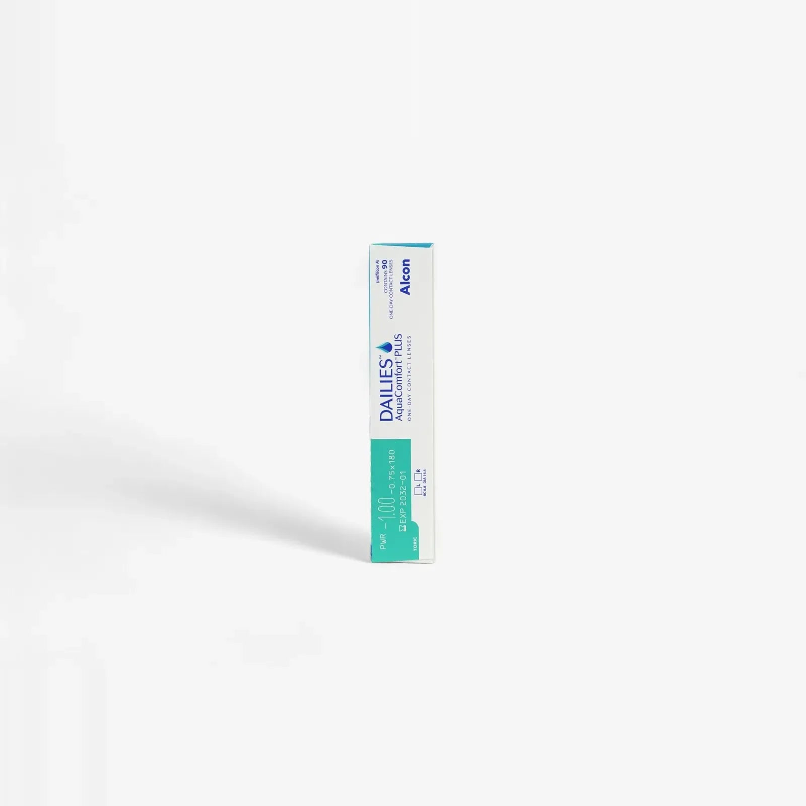 A box of Dailies Aqua Comf Plus Toric - 90Pk daily toric contact lenses stands upright against a plain white background, featuring blue and green text on the packaging.