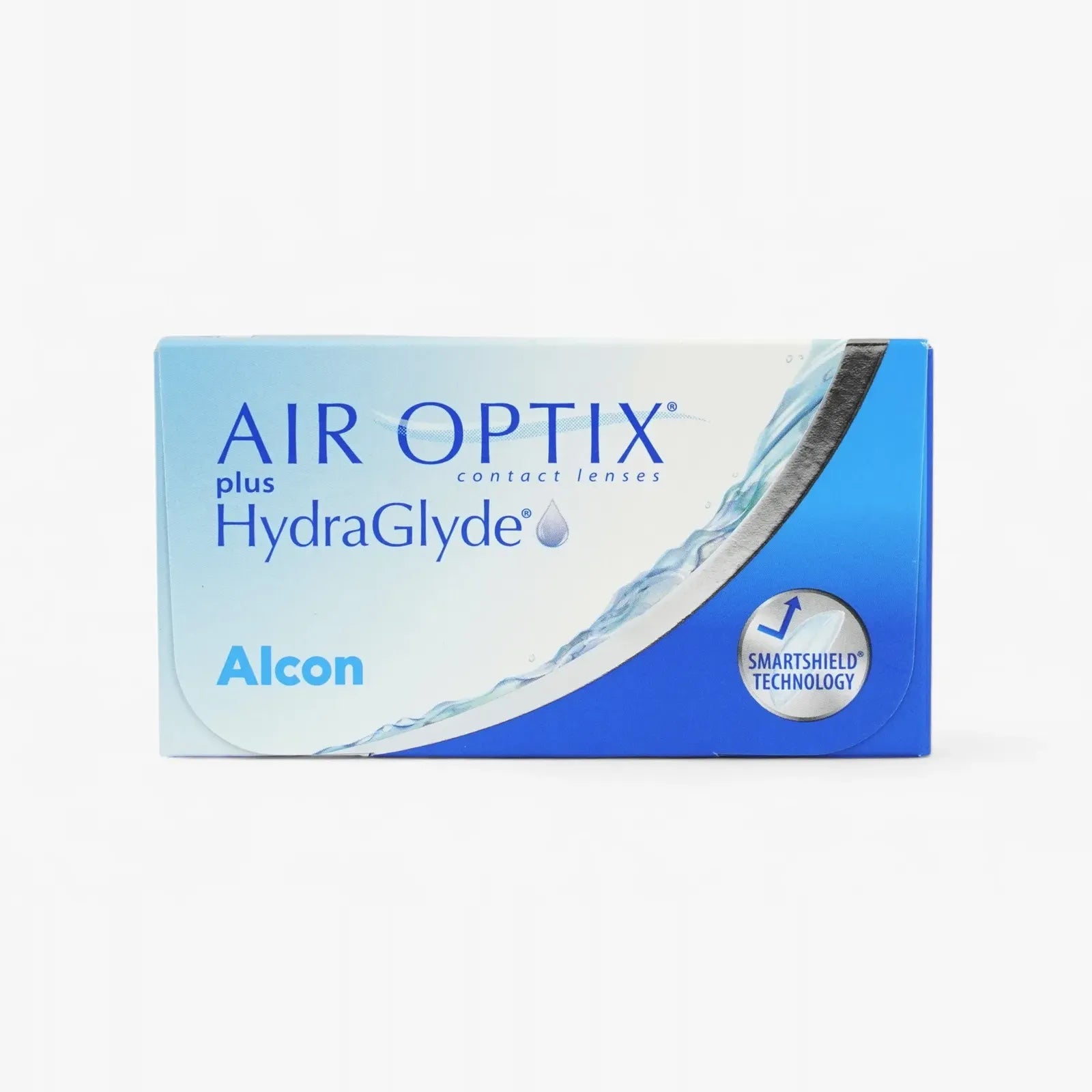 A blue and white box of Air Optix Plus Hydraglyde - 6Pk monthly contact lenses by Alcon, displaying the SmartShield Technology logo on the front.