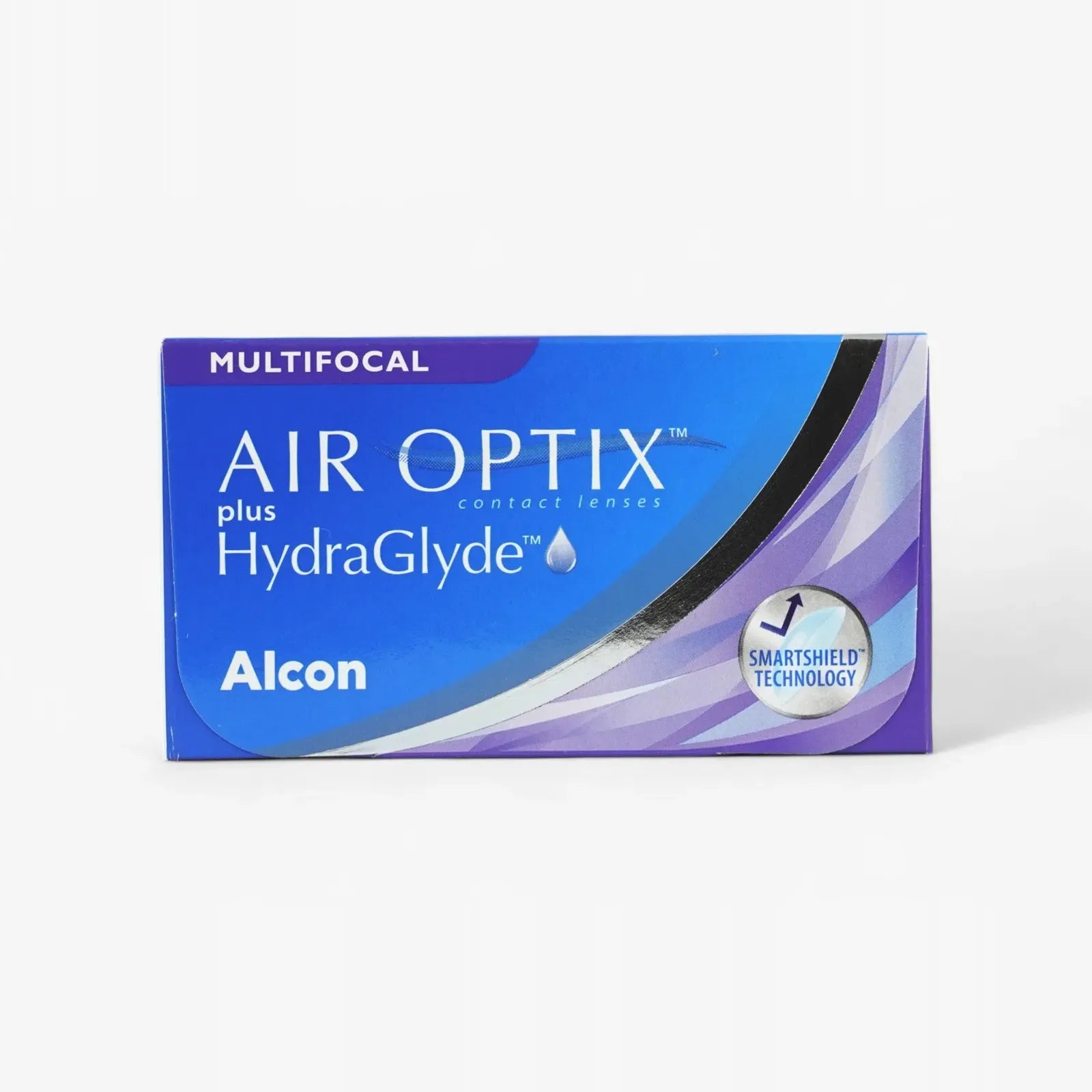 A blue and purple box of Air Optix Hydraglyde Multi 6Pk monthly contact lenses by Alcon, displaying the SmartShield Technology logo on the front.