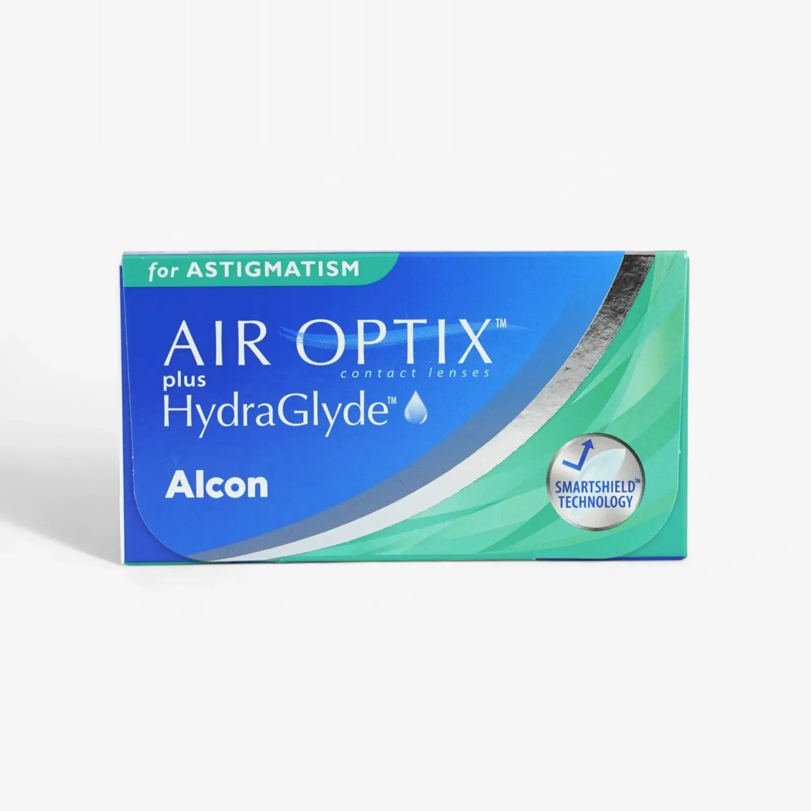 A 6-pack of Air Optix HydraGlyde for Astigmatism monthly lenses by Alcon, with blue and green packaging and a SmartShield Technology badge on the front.