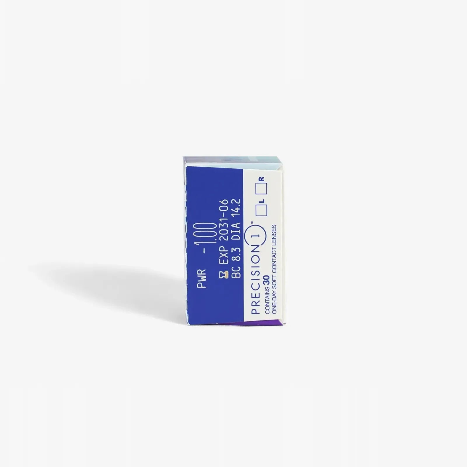 A box of Precision 1 - 30 Pk daily contact lenses stands upright, showing prescription details such as power, expiration date, and other specifications on the side.