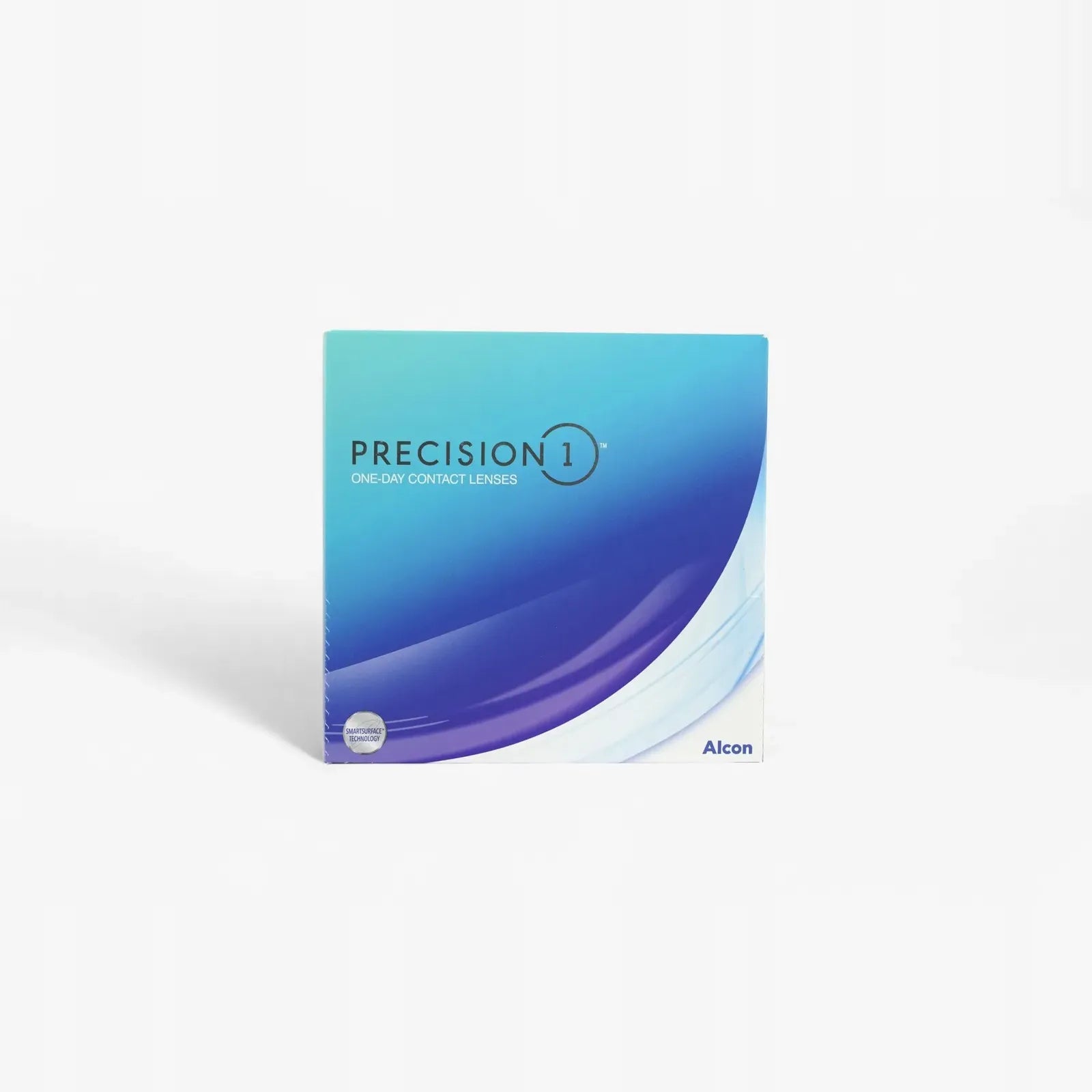 A box of Precision 1 - 90 Pk contact lenses by Alcon, featuring SMARTSURFACE Technology and a blue-teal gradient design with the product name on the front.