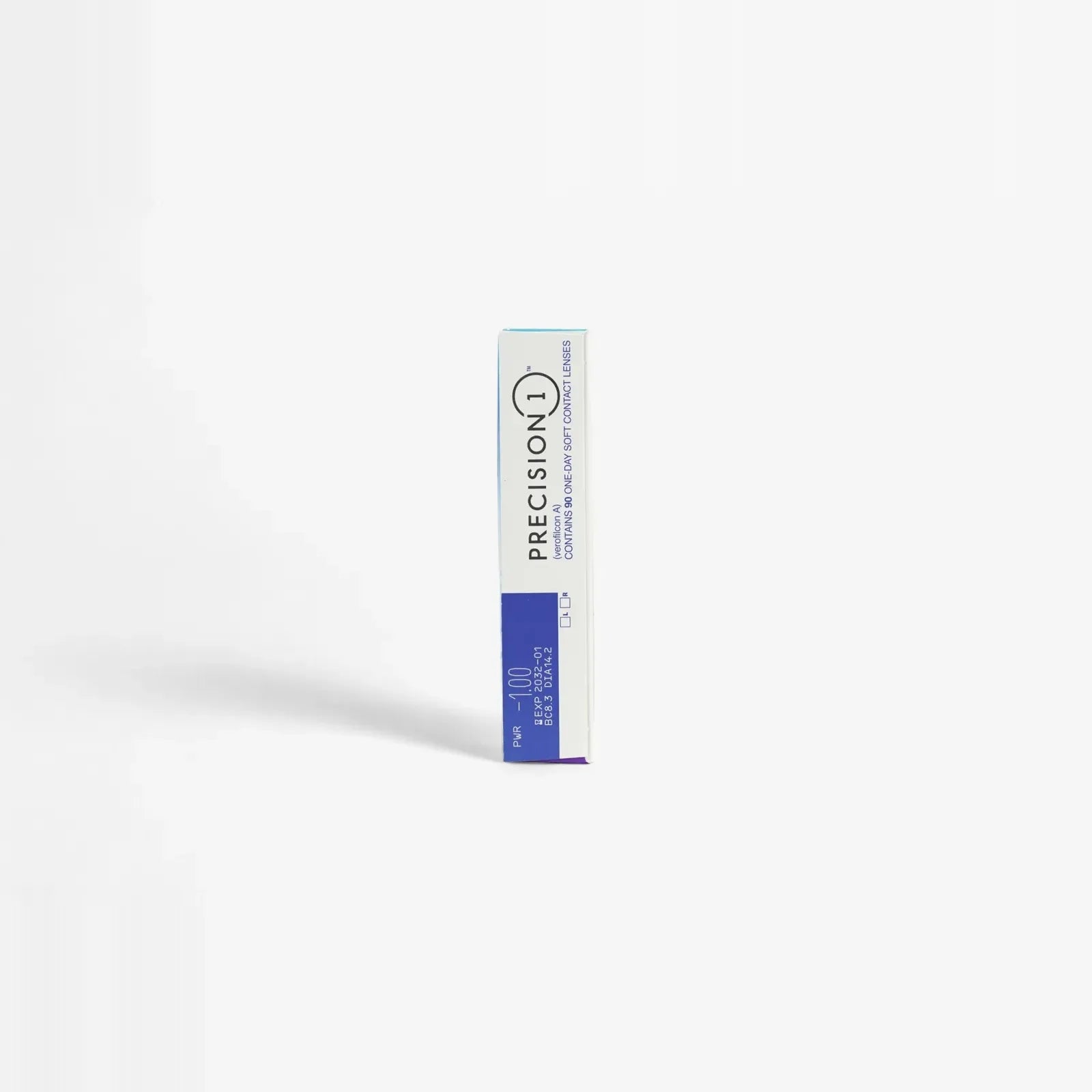 A white and purple box labeled Precision 1 - 90 Pk daily contact lenses stands upright on a white background, casting a faint left shadow. The packaging displays branding, product info, and features SMARTSURFACE Technology vertically.