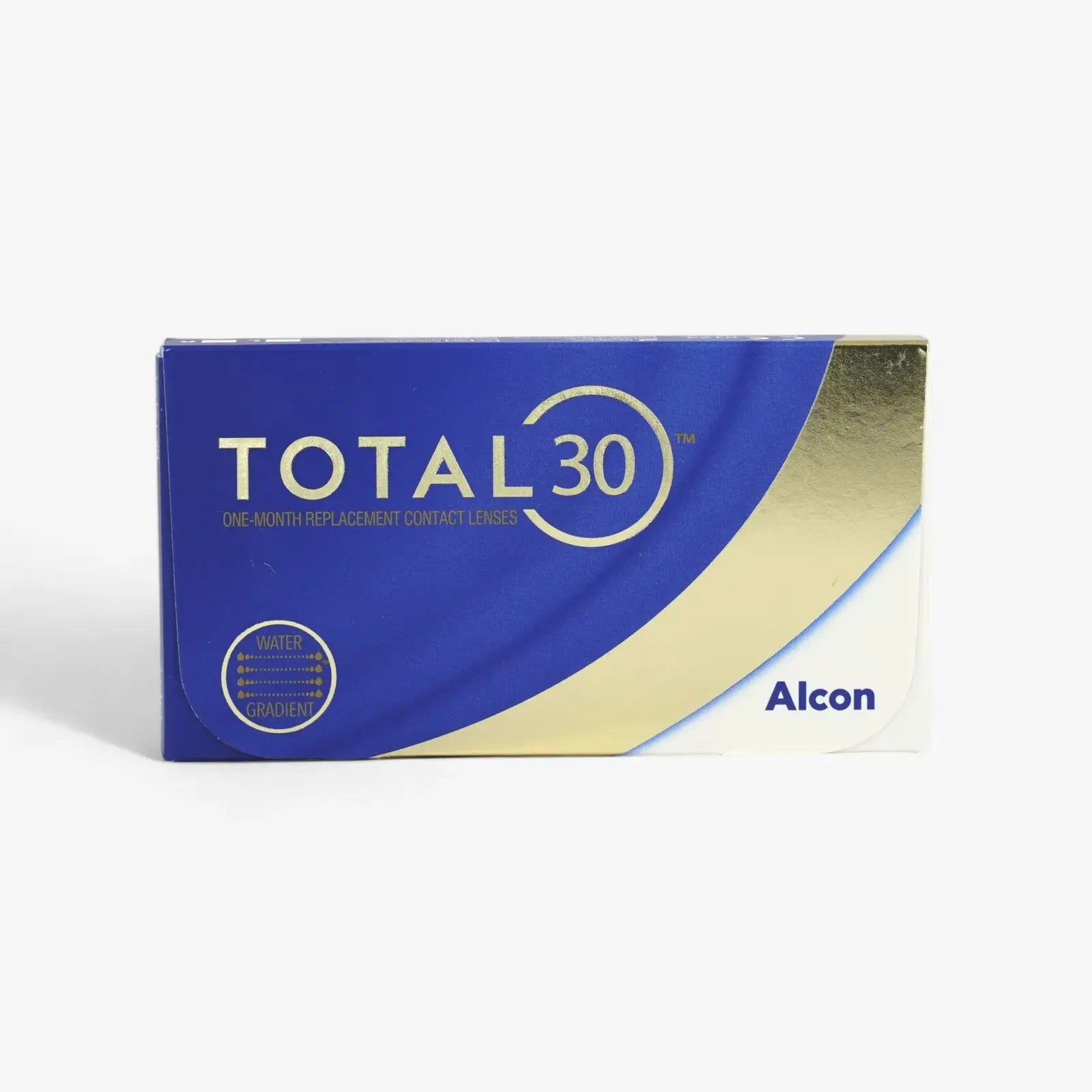 A blue and gold box labeled Total 30 Monthly 6 Pk features comfortable monthly contact lenses with water gradient technology, and displays the Alcon brand name in the bottom right corner.