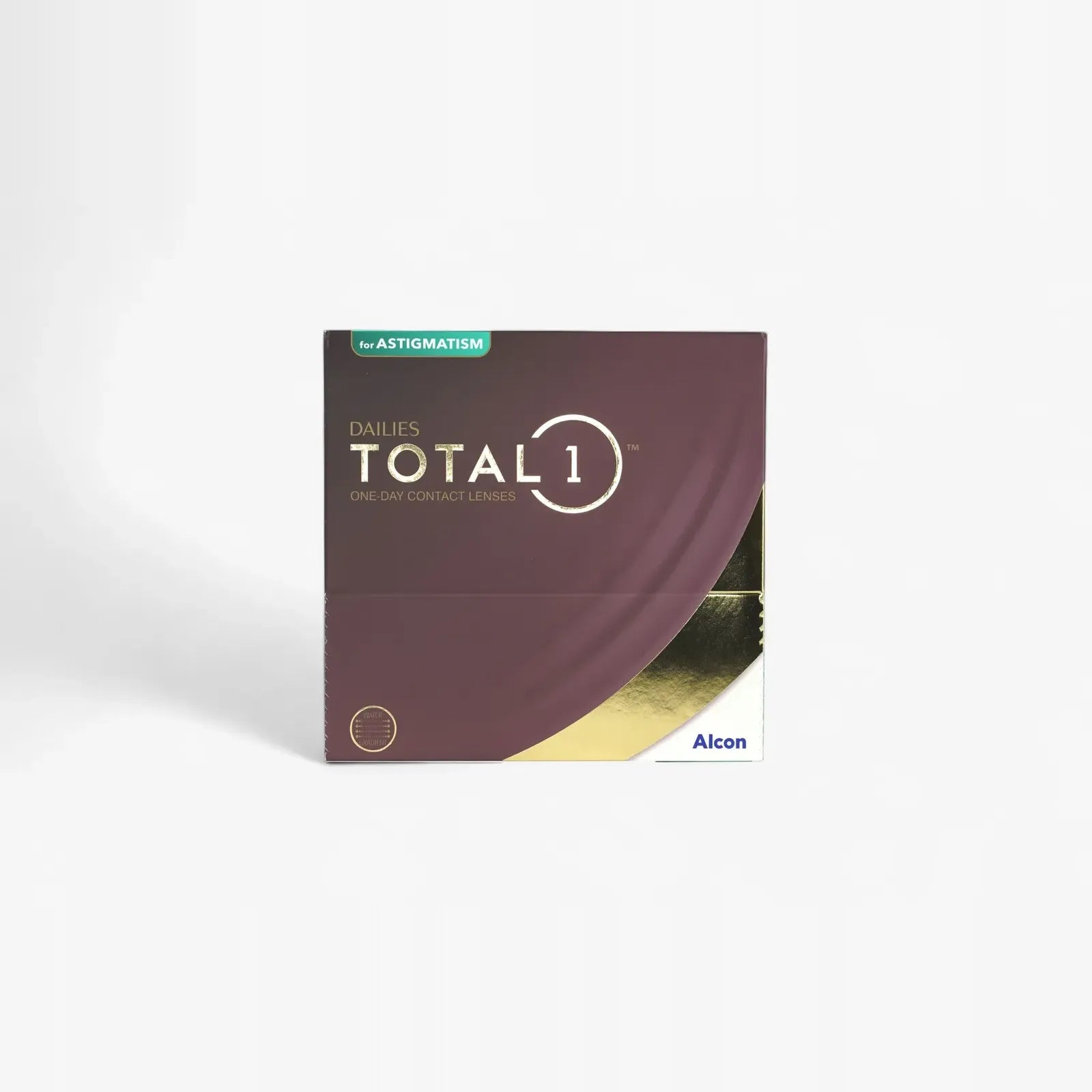 A brown and gold box of Dailies Total 1 For Astig - 90 Pk contact lenses with a water gradient design is displayed against a plain white background.