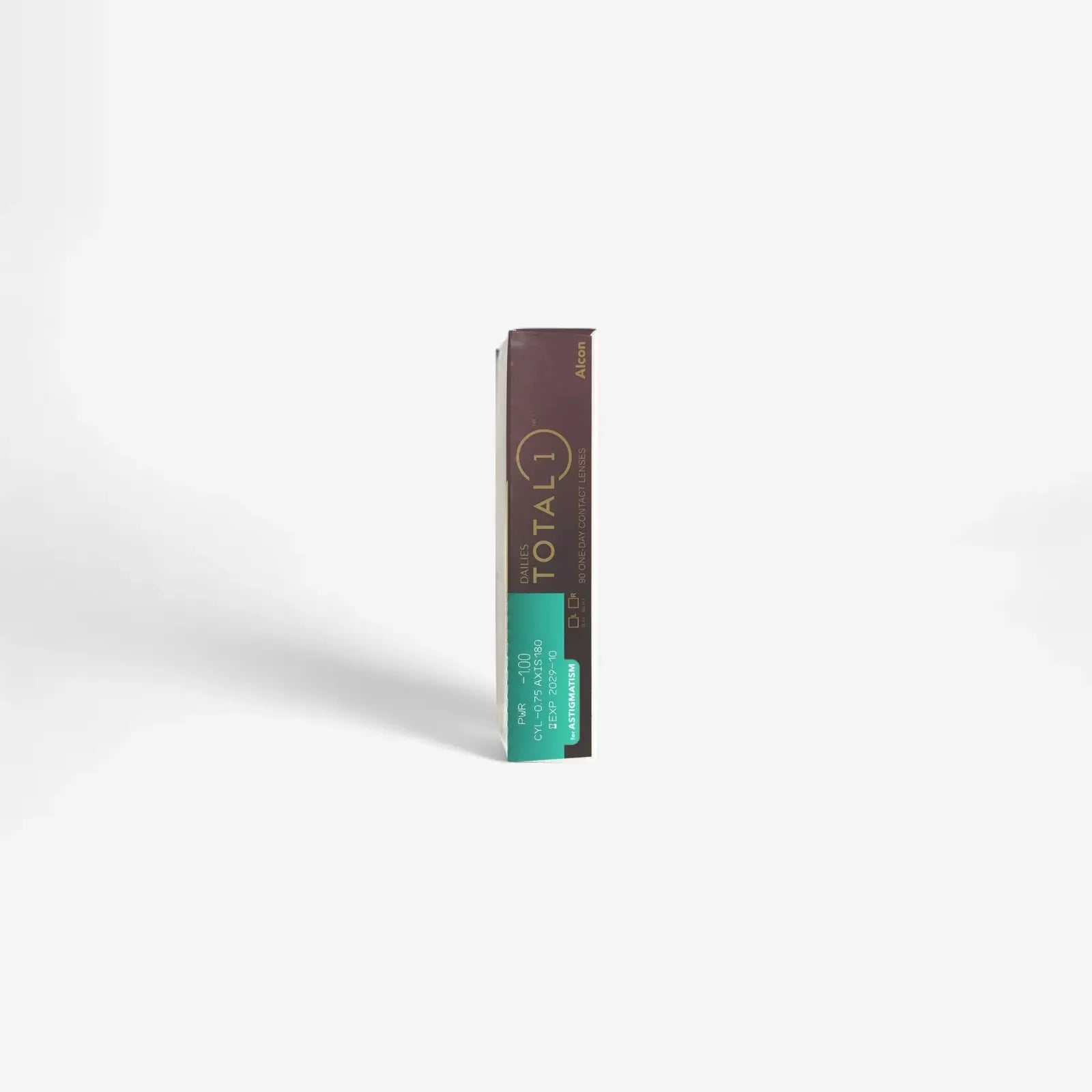 A rectangular box of Dailies Total 1 For Astig - 90 Pk contact lenses stands upright on a plain white background, featuring brown packaging with teal and gold accents that emphasize its innovative water gradient design.