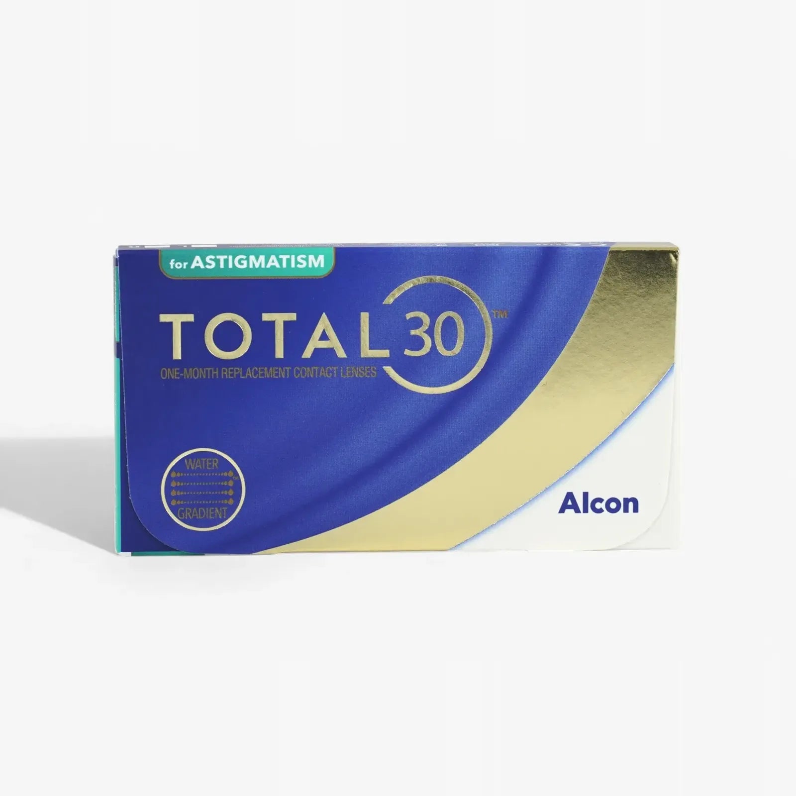 A 6-pack of Total 30 For Astigmatism lenses with a blue and gold design, TOTAL30 in bold letters, and water gradient monthly lens shown underneath.