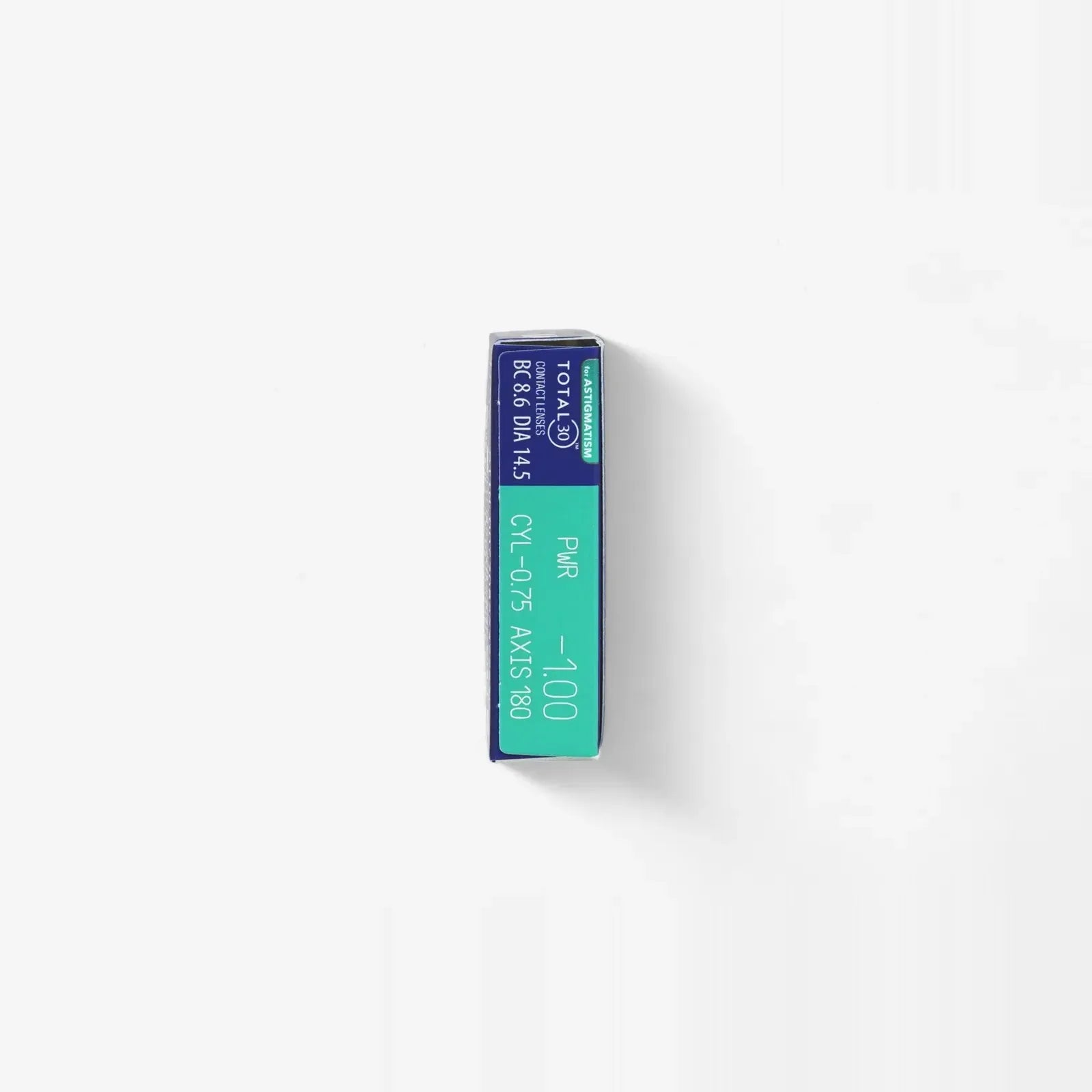 A rectangular blue and green Total 30 For Astigmatism 6Pk box labeled PWR -1.00 rests on white. The side shows BC 8.6, DIA 14.5, CYL -0.75, emphasizing these monthly water gradient contact lenses for astigmatism.
