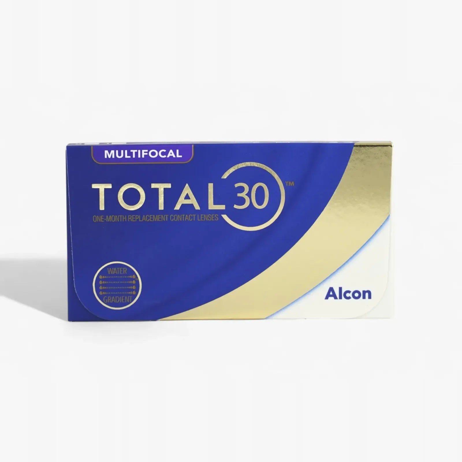 A box of Total 30 Multifocal 6Pk contact lenses, with blue and gold WATER GRADIENT and MULTIFOCAL text, highlights these monthly lenses designed for multifocal vision correction.