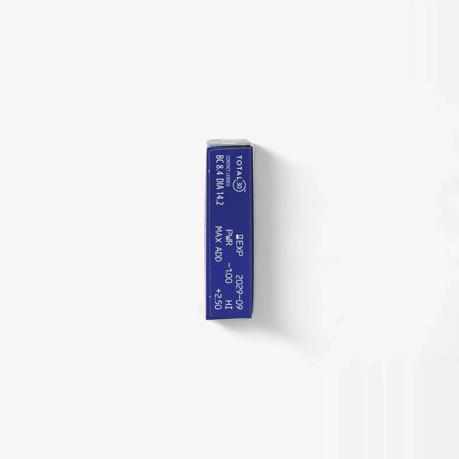 A single blue Total 30 Multifocal 6Pk box stands vertically on a white background, featuring product details in white text along the side, inspired by the clarity of multifocal contact lenses.