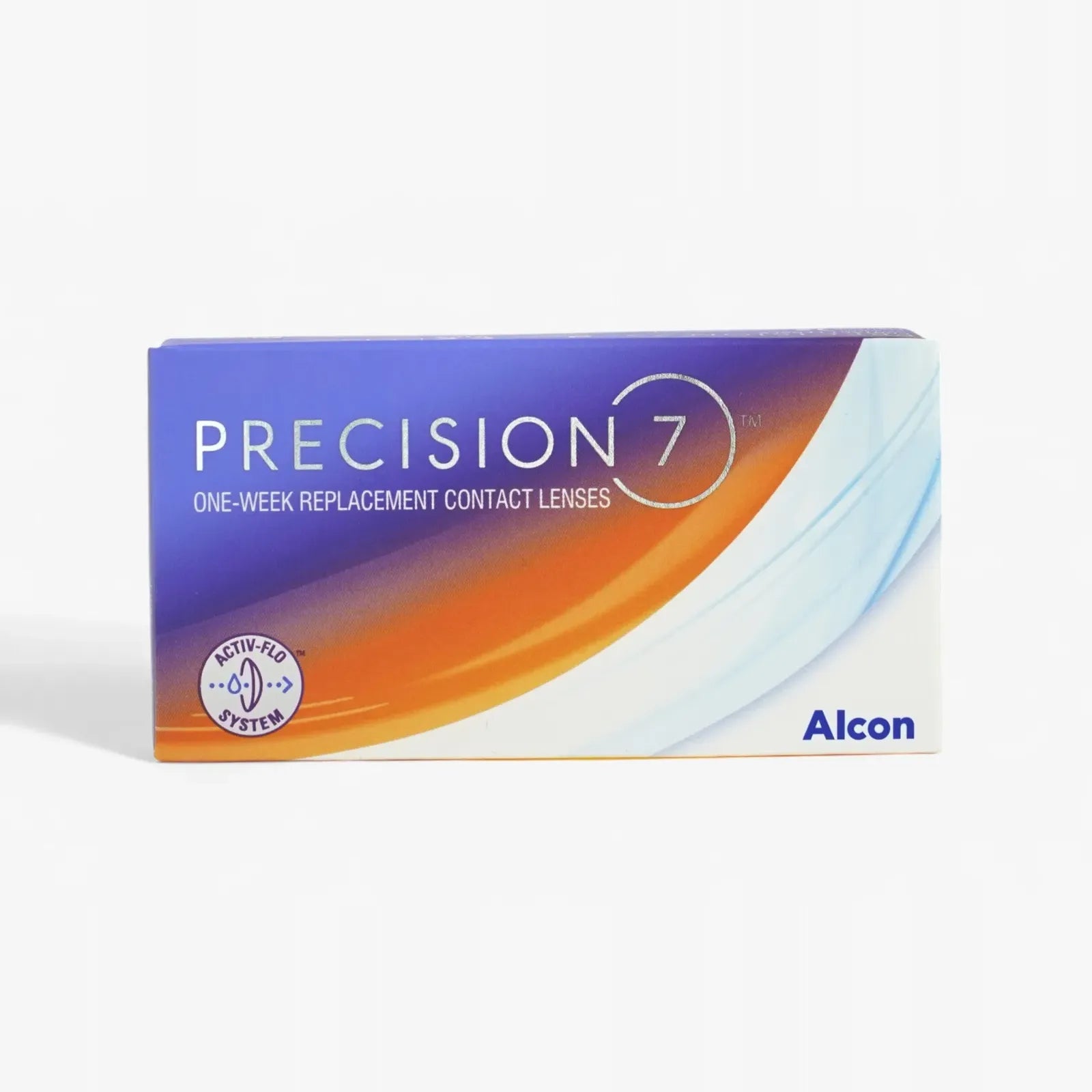 Box of Precision 7 - 12 Pk one-week replacement contact lenses by Alcon, with a blue, orange, and white design featuring the Activ-Flo System—perfect for those who prefer weekly over monthly contacts.