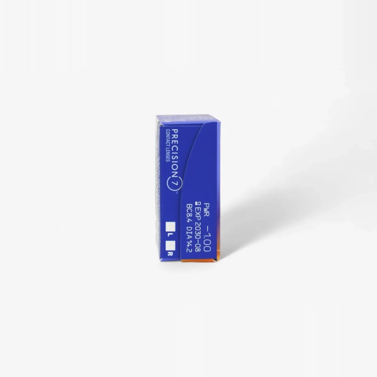A blue and purple rectangular box labeled Precision 7 - 12 Pk stands upright on a white background. The side displays prescription info, expiration date, and L/R eye indicators for these Alcon monthly contact lenses.