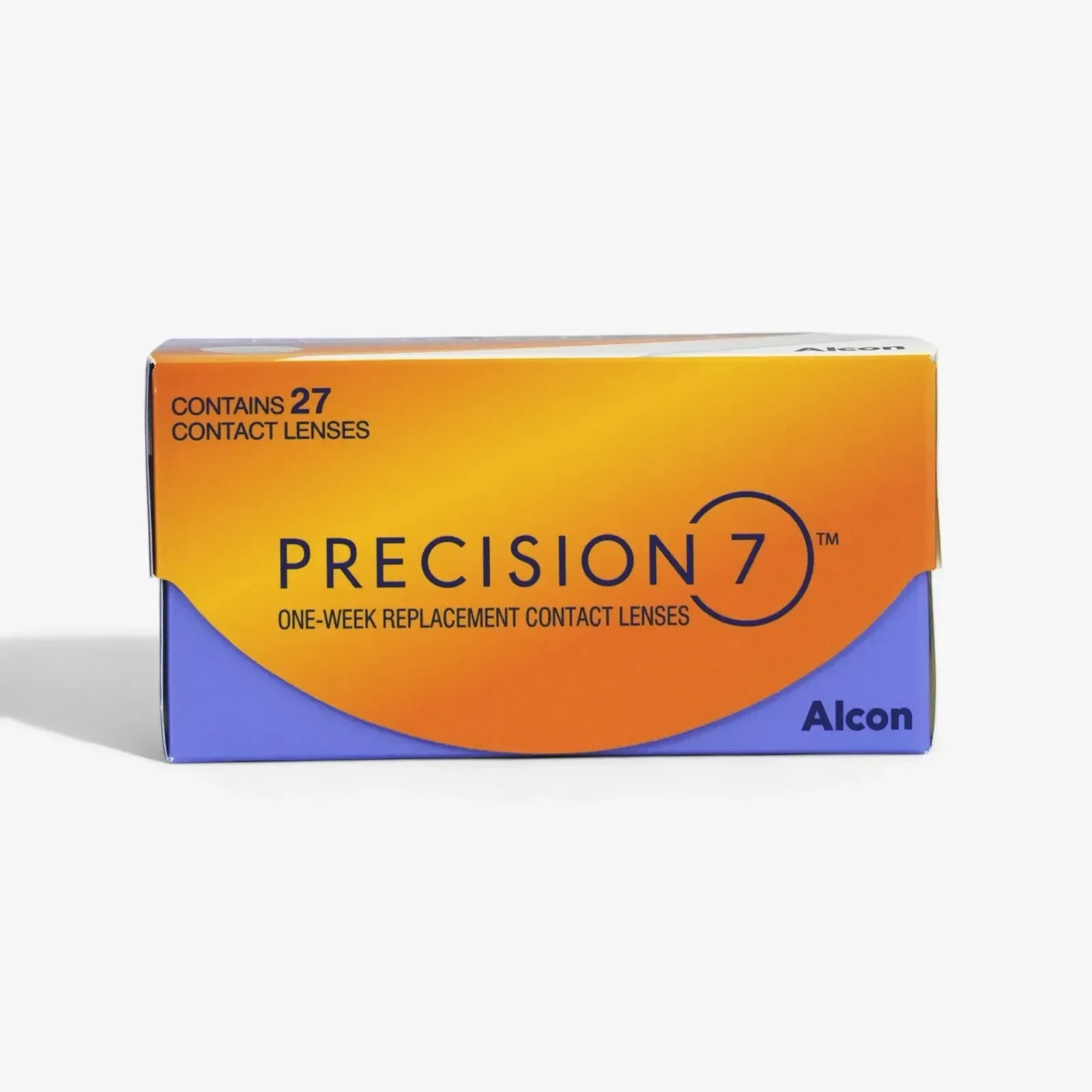 The Precision 7 - 27 Pk box features an orange and purple design with clear branding and product name, containing 27 contact lenses made for easy one-week replacement.