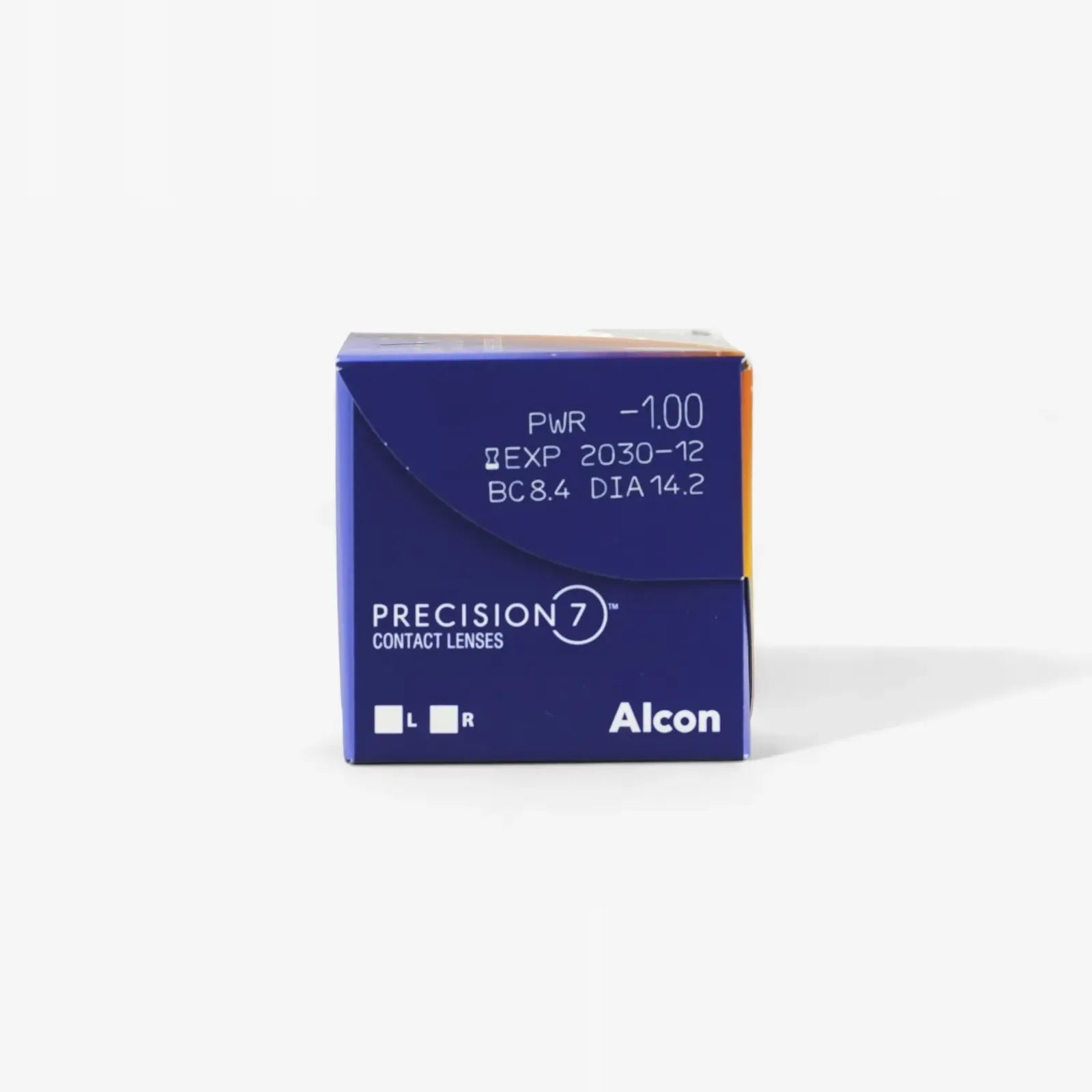 A blue box of Precision 7 - 27 Pk contact lenses displays details like power -1.00, expiration 2030-12, base curve 8.4, and diameter 14.2, on a white background—ideal for users needing quality monthly replacement lenses.