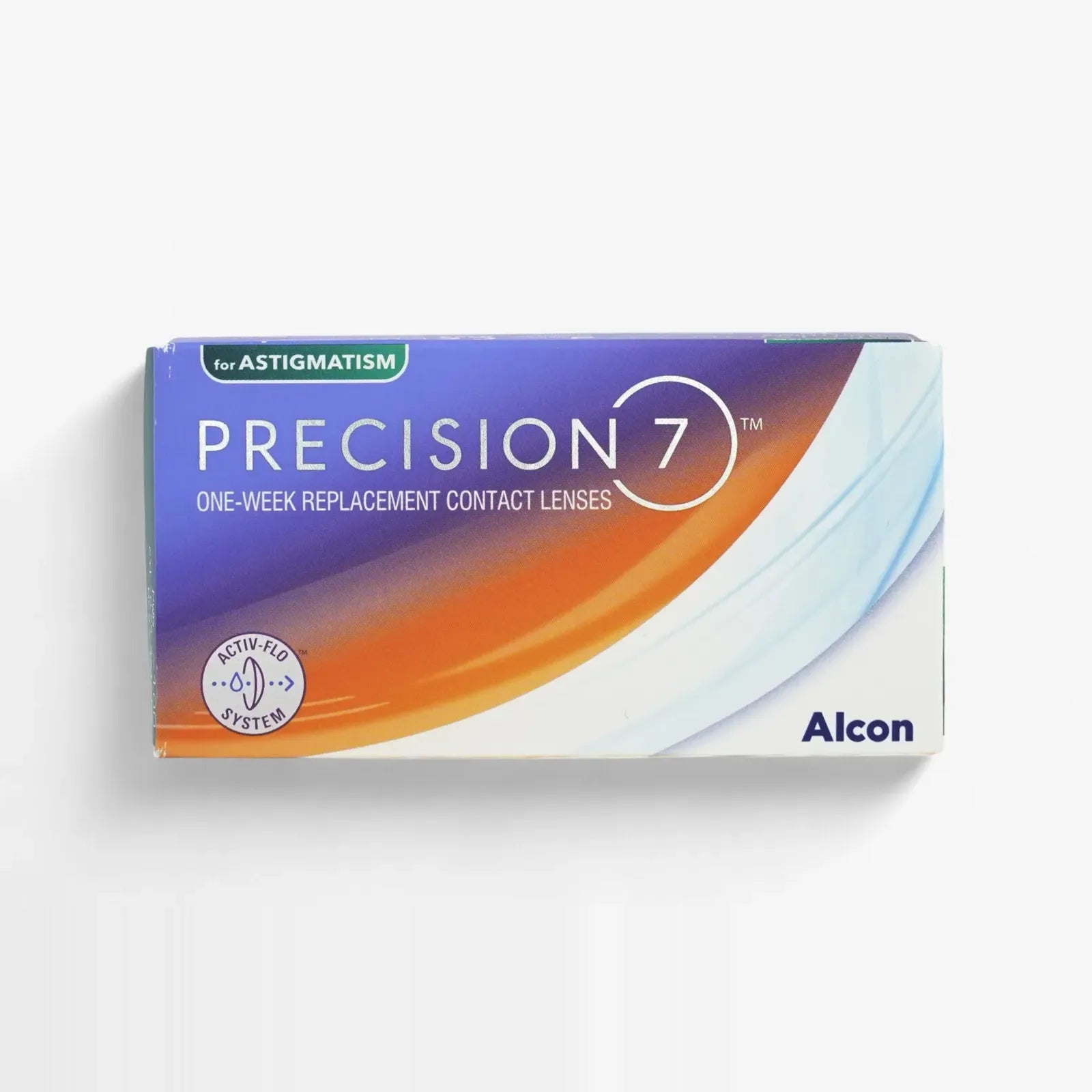 A 12-pack box of Precision 7 For Astigmatism daily lenses featuring SMARTSURFACE Technology, packaged in blue, orange, and white.