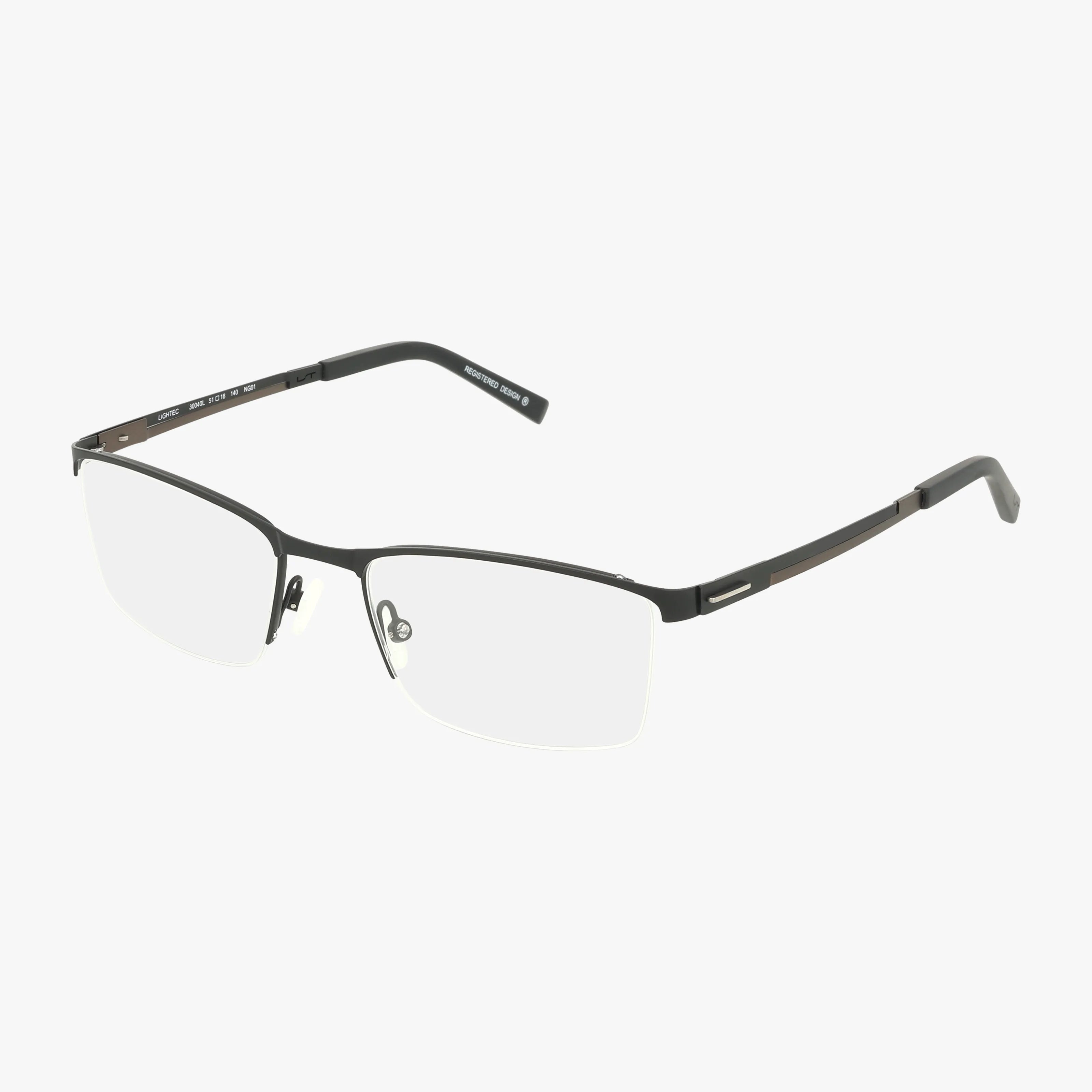 The 30040L is a pair of black, semi-rimless rectangular eyewear with adjustable nose pads, shown on a white background—ideal for fitting prescription lenses into this versatile frame.
