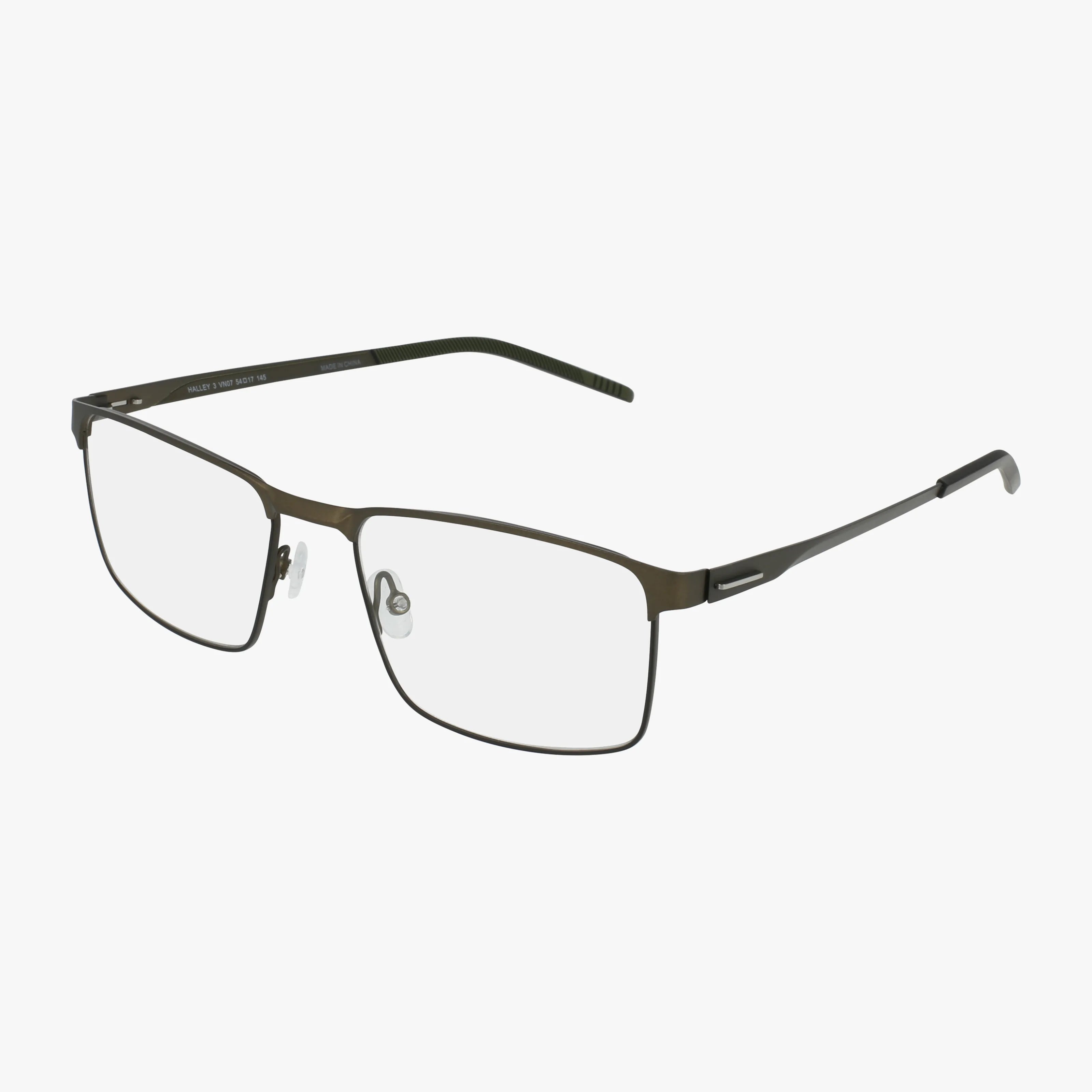 HALLEY 3 features rectangular, rimmed eyeglasses with a stylish thin dark metal frame, clear lenses, adjustable nose pads, and straight slim arms for a well-balanced design.