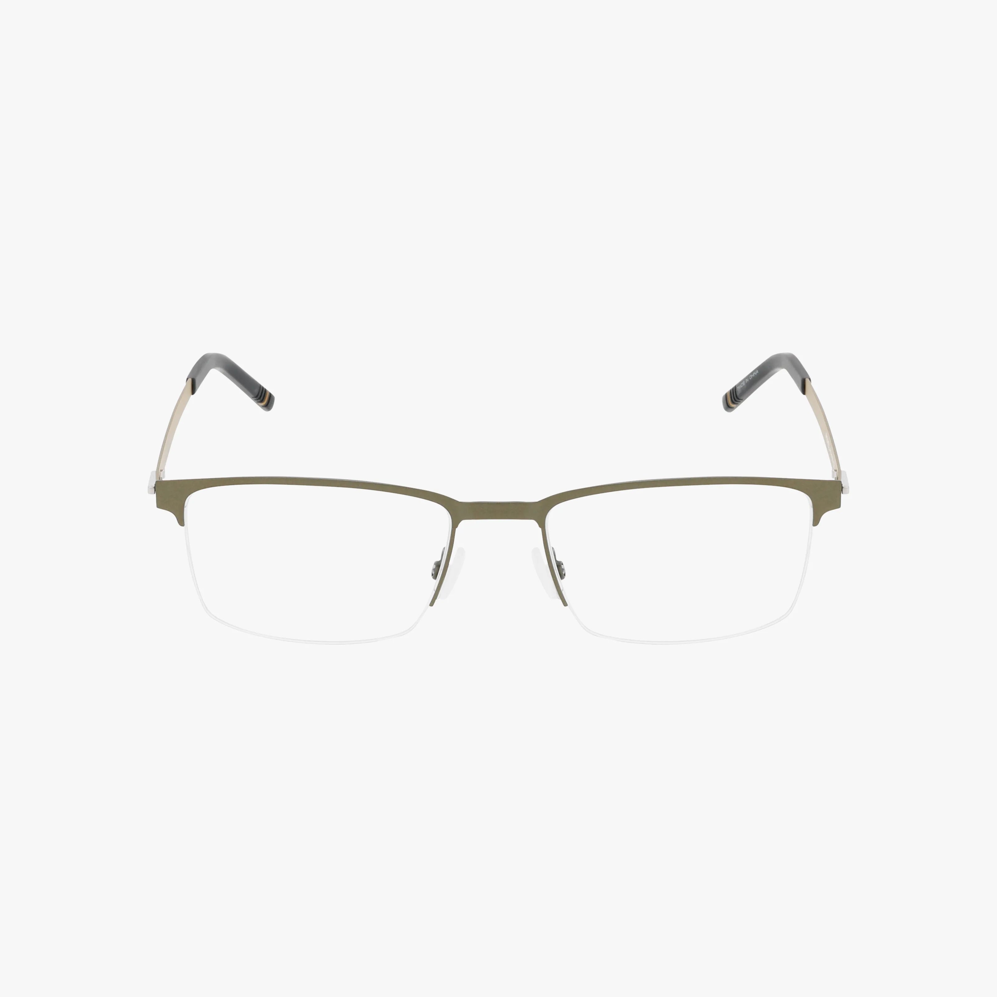 The CELSIUS 5 is a pair of semi-rimless, durable eyewear with olive green metal frames, clear lenses, and black temple tips, shown on a plain white background.