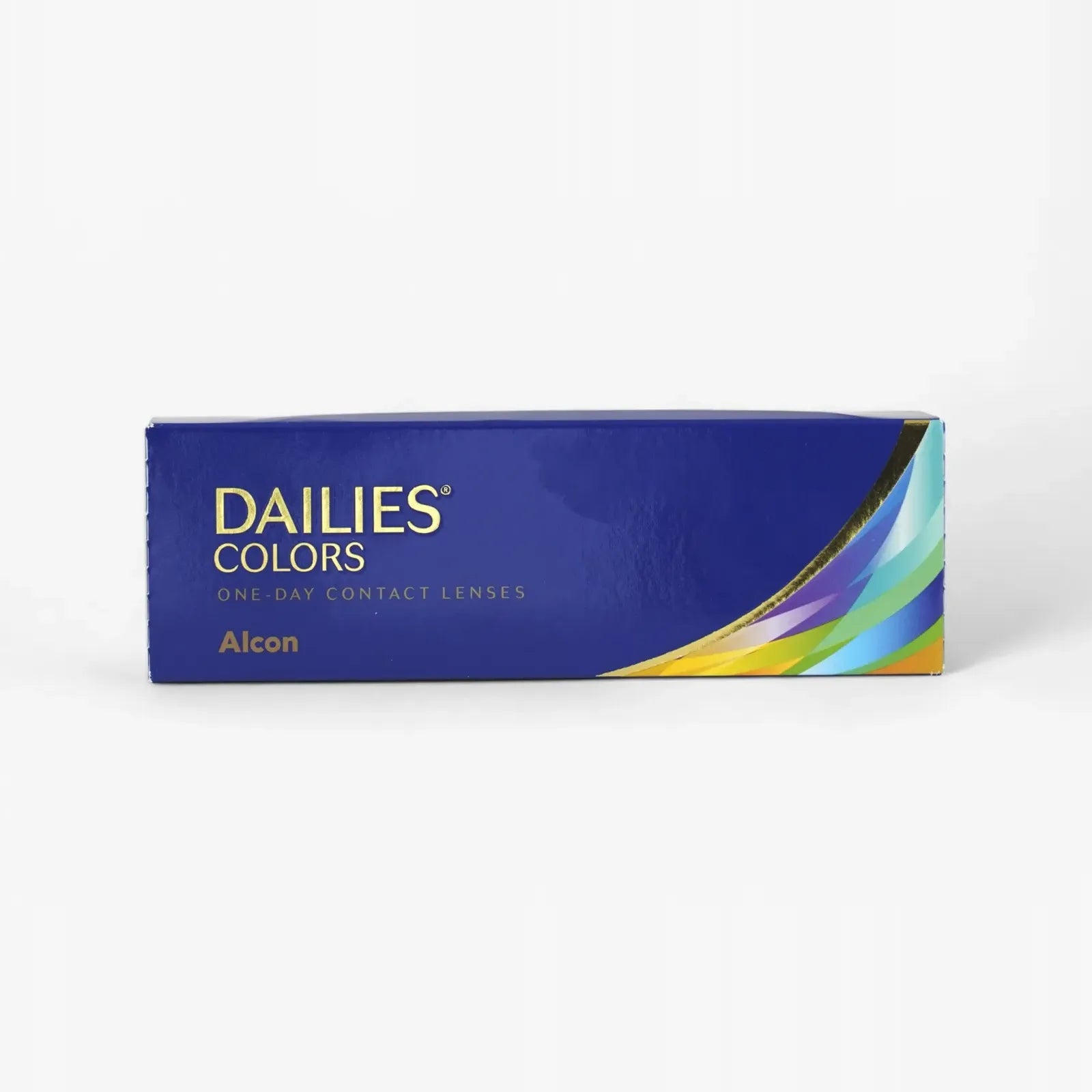 A blue rectangular box of Dailies Colors - 30 Pk daily contact lenses by Alcon, with colorful wave designs and white/yellow text, ideal for enhancing your natural eye color.