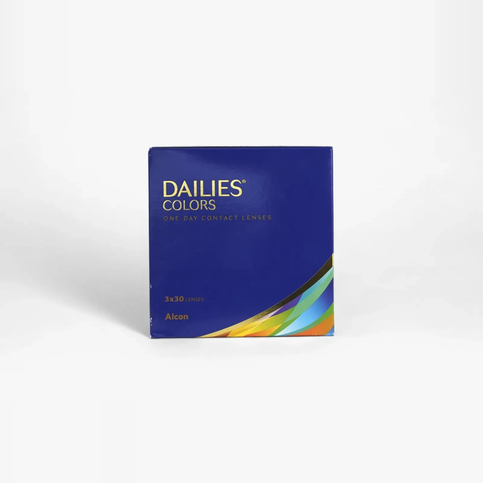 A blue box of Dailies Colors - 90 Pk daily disposable contact lenses features vibrant curved lines at the bottom right and gold text above, designed to enhance your eye color.