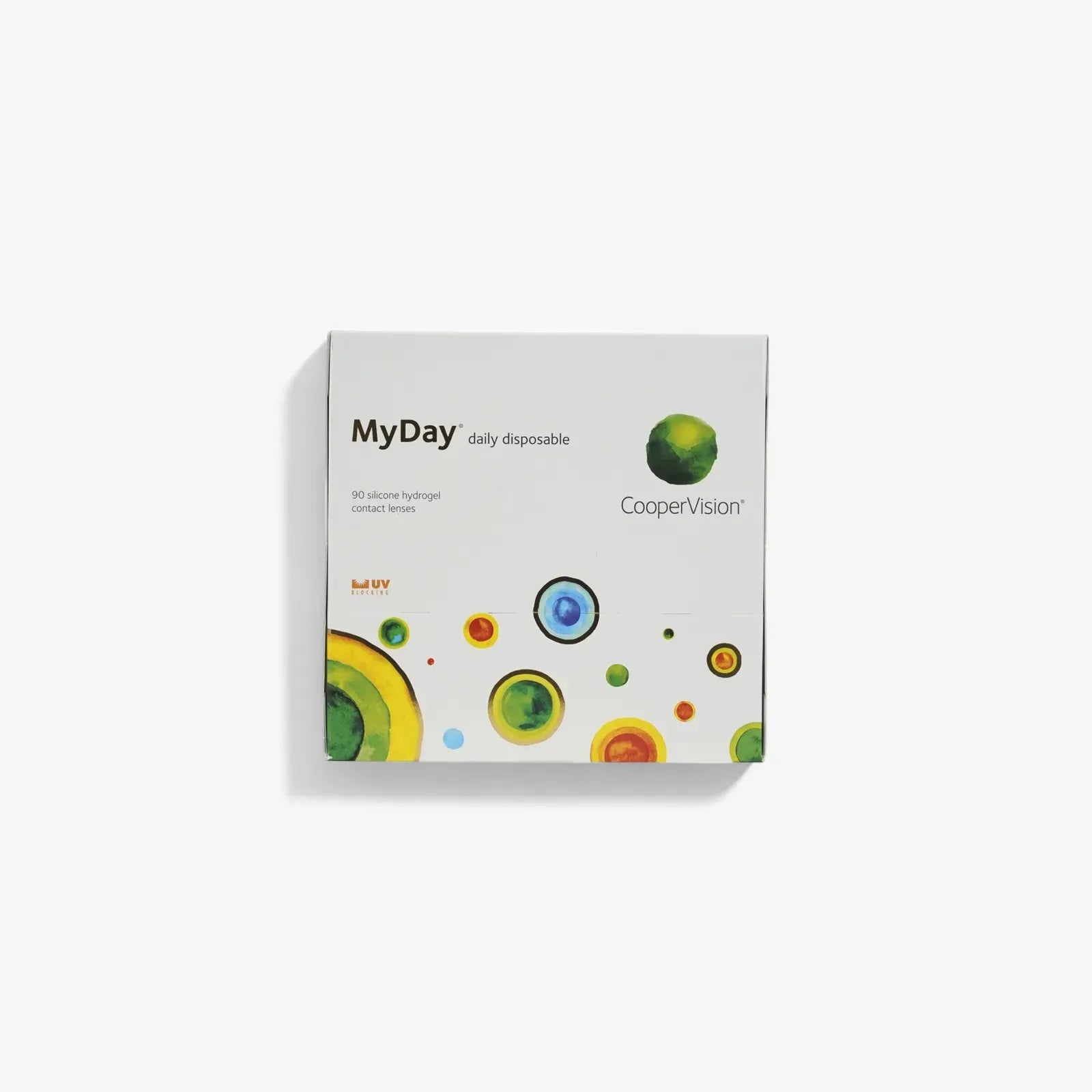 A box of Myday Daily Disposable 90 Pk contact lenses by CooperVision, with vibrant circular designs on a white background and the CooperVision logo—ideal for anyone shopping for contacts online.