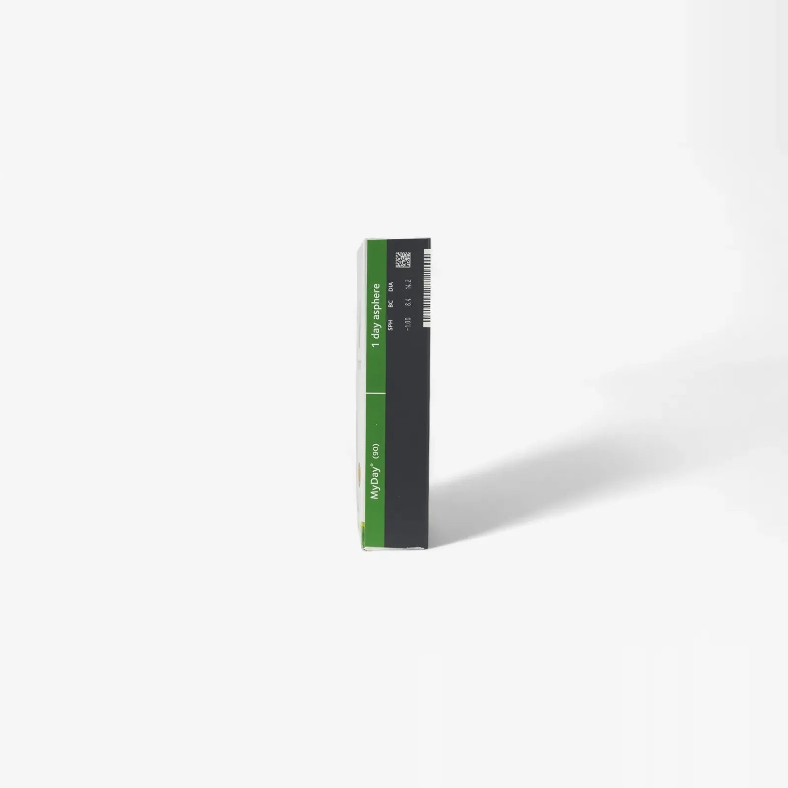A single rectangular box with green and black sides stands upright on a white surface, casting a shadow to the right. The green side label reads Indy May 005, suggesting it contains Myday Daily Disposable 90 Pk contact lenses.
