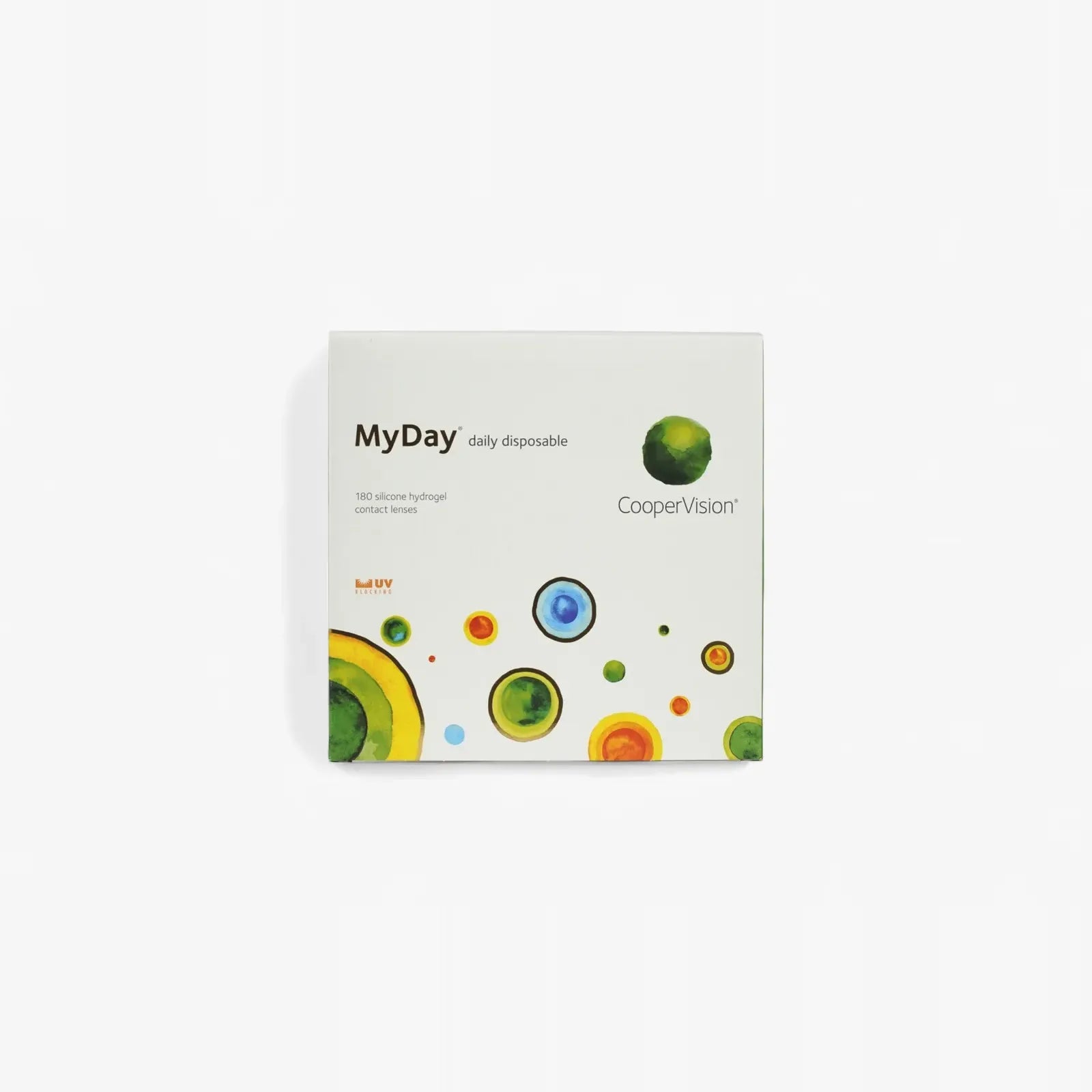 A white box of Myday Daily Disposable - 180 Pk contact lenses by CooperVision, with colorful circles below and simple branding above—ideal for convenient online contact lens purchases.