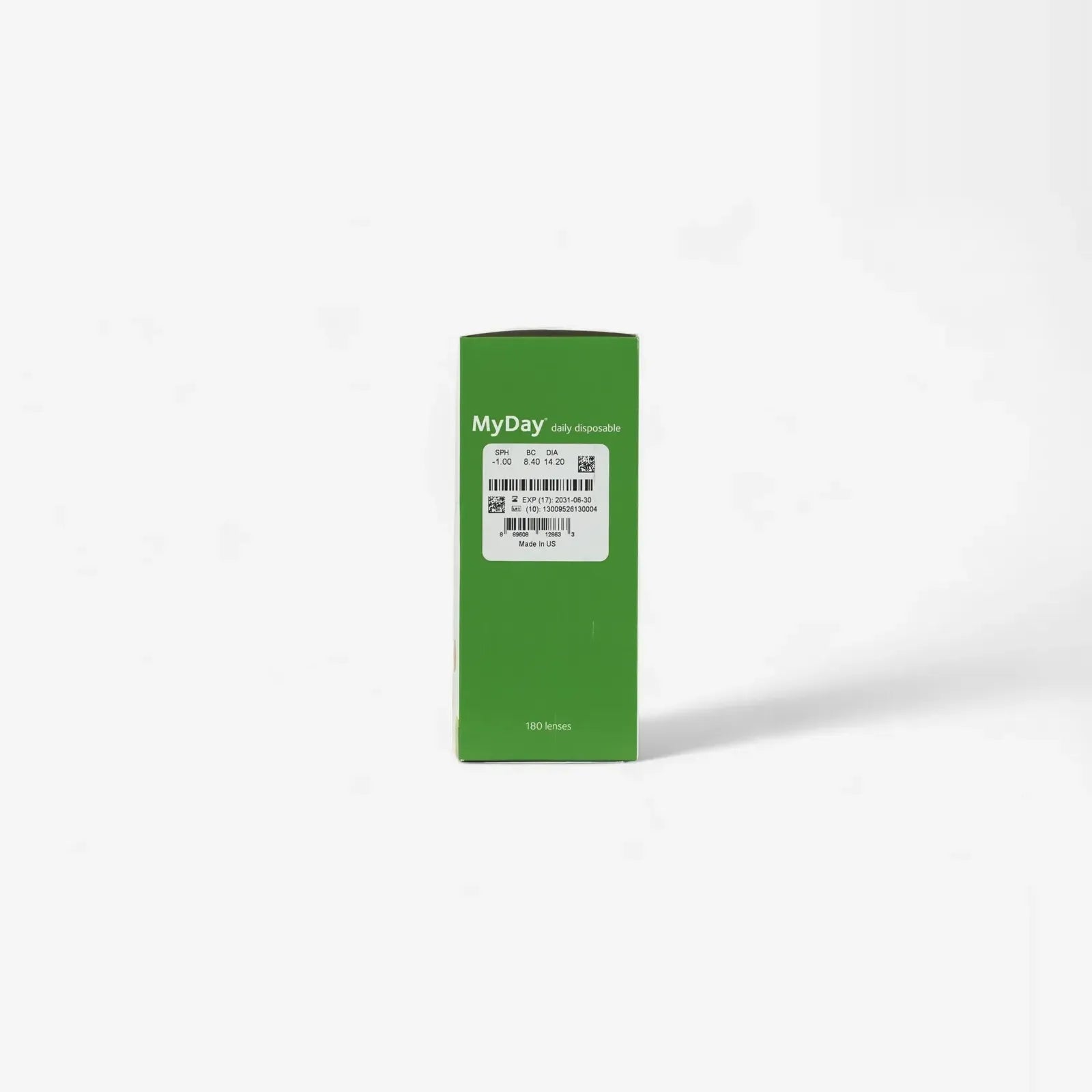 A green rectangular box of MyDay Daily Disposable - 180 Pk contact lenses stands upright on a white background, displaying a white label and barcode—perfect for those seeking to buy contacts online with a valid prescription.