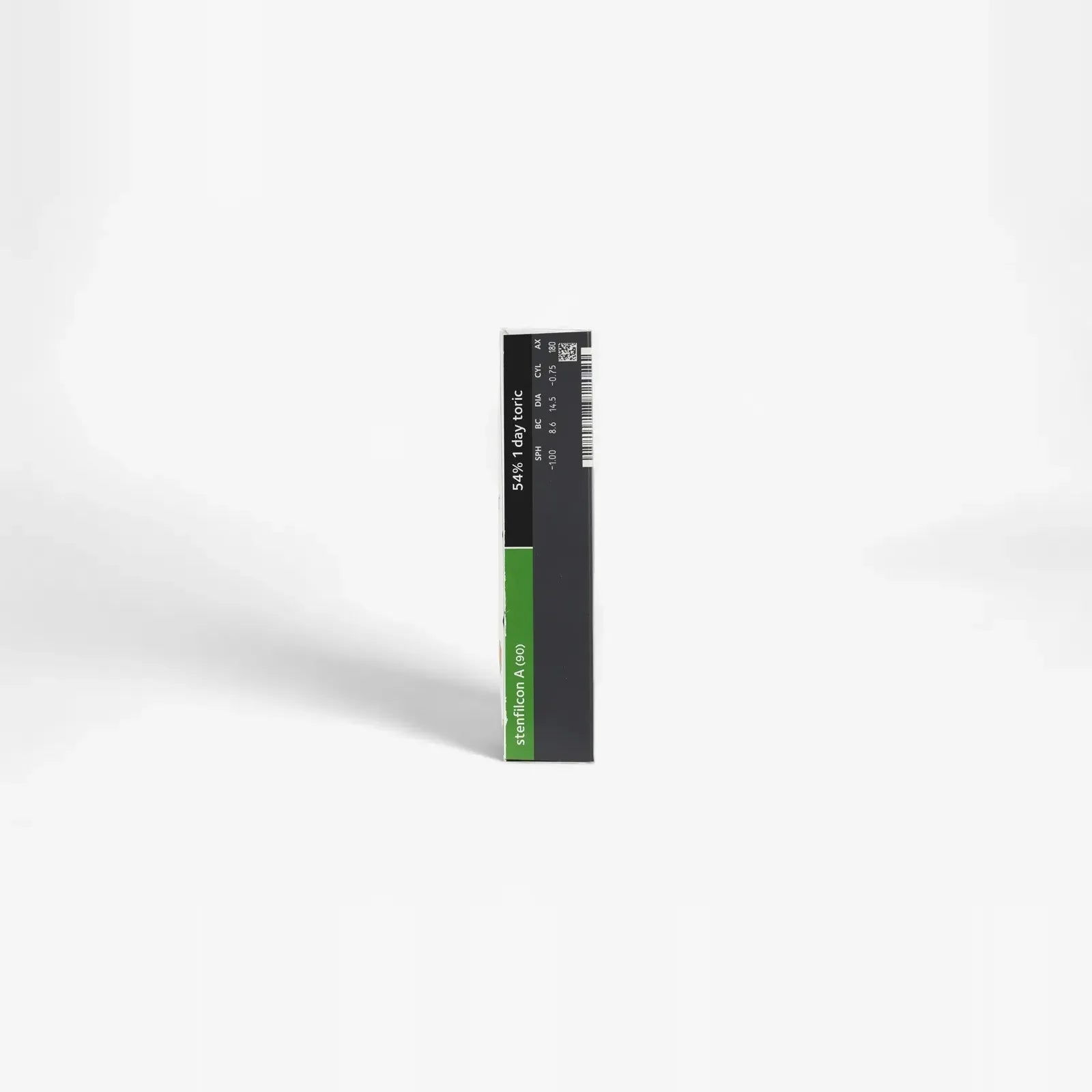 A slim, rectangular black box with a green label stands upright on a white background. The side of the box shows text, barcodes, and numbers—ideal for those seeking to buy contacts online like Myday Toric Daily Disposable 90 Pk.
