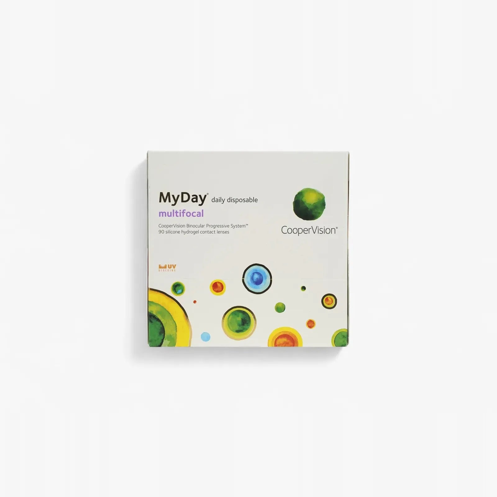 A box of Myday 1 Day Multifocal 90 Pk contact lenses features a white background with colorful abstract circles and green, yellow, and blue accents. Buy these CooperVision presbyopia contacts online for daily comfort.