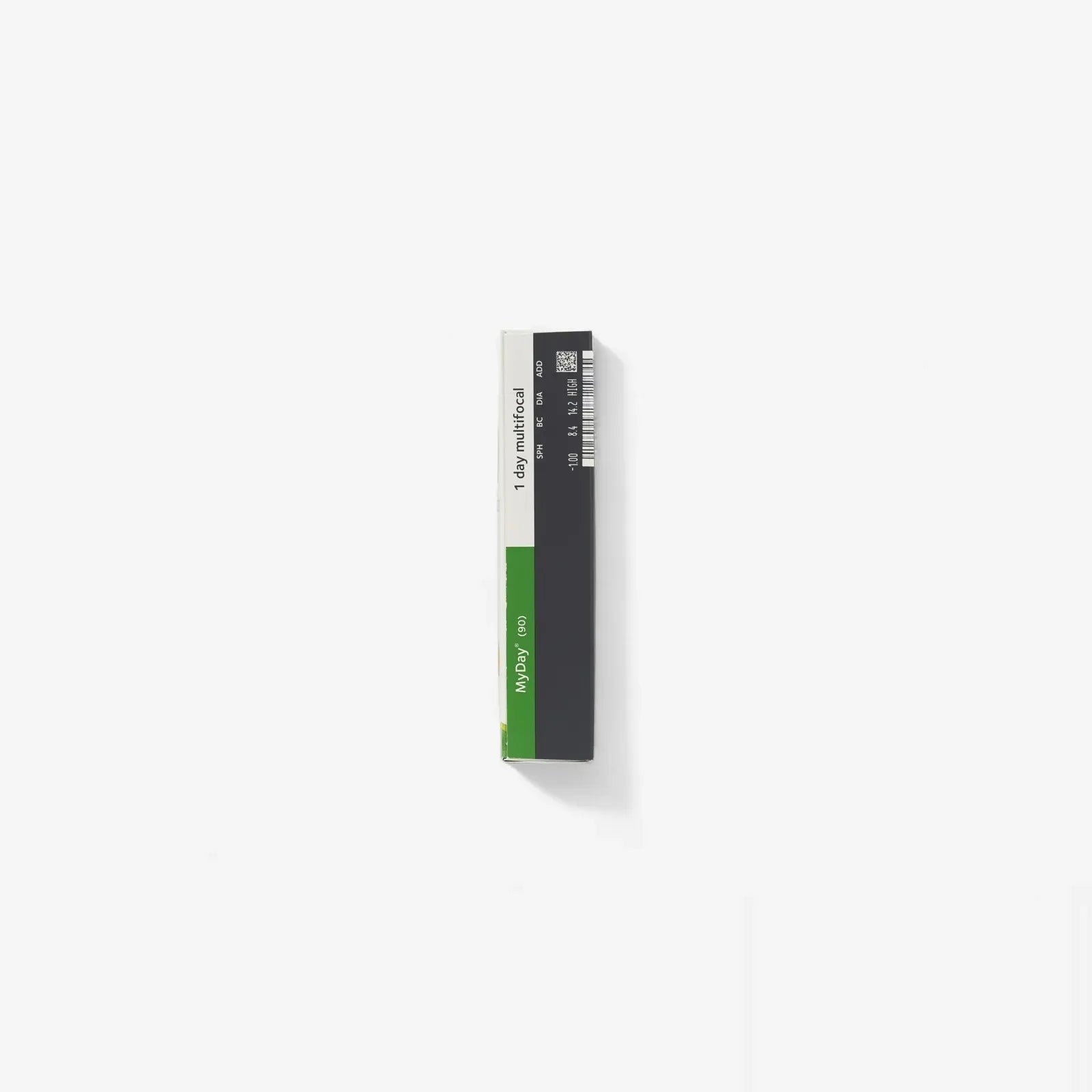 A rectangular box with green, black, and white sections stands upright on a plain white background. The Myday 1 Day Multifocal 90 Pk is labeled 1-day mild cool and offers convenient online purchase for presbyopia contact lenses.