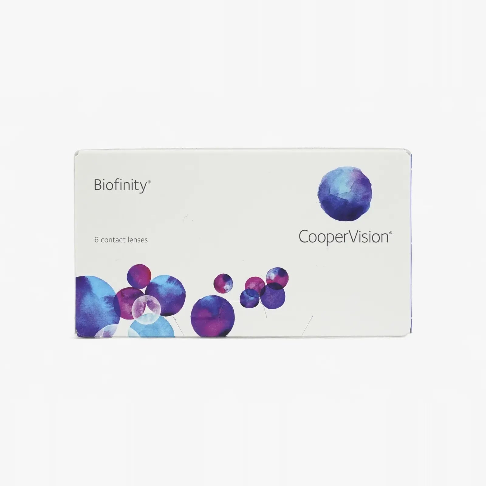 A white box of Biofinity - 6 Pk contact lenses with blue and purple bubbles on the front highlights the comfort provided by Aquaform Technology.