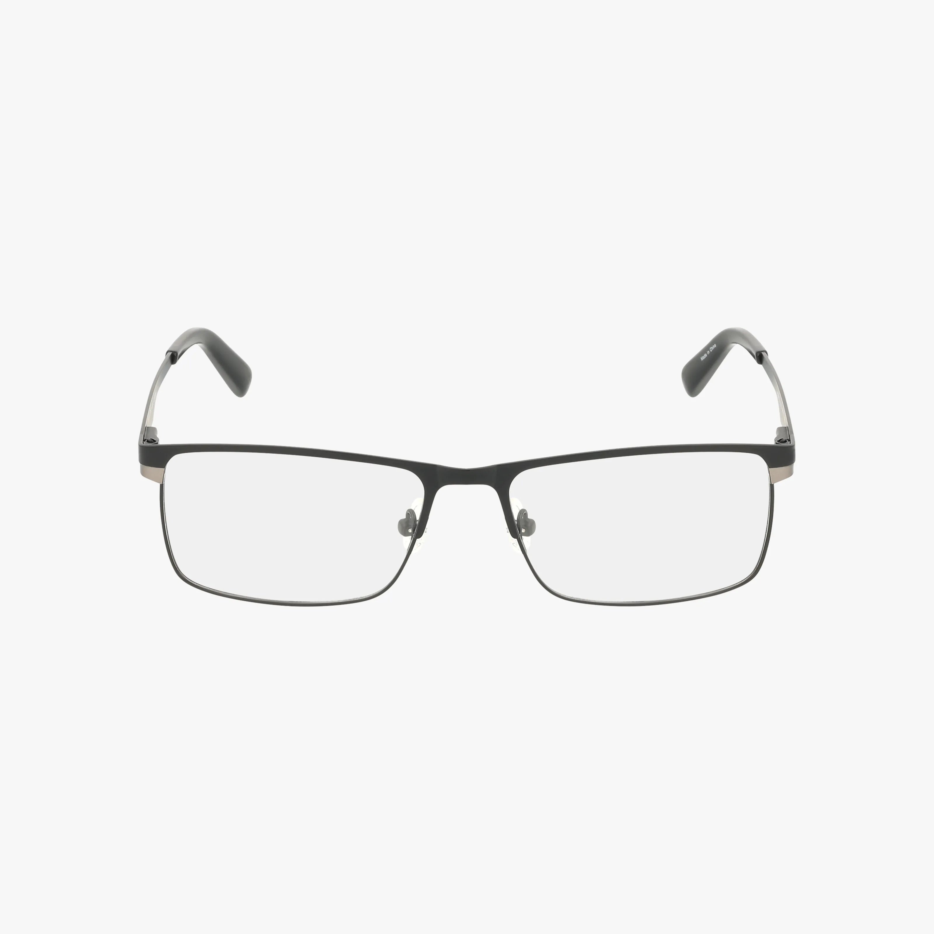The HD0753 features a contemporary design with a resilient rectangular black-rimmed frame, thin metal construction, adjustable nose pads, and clear lenses, showcased on a plain white background.