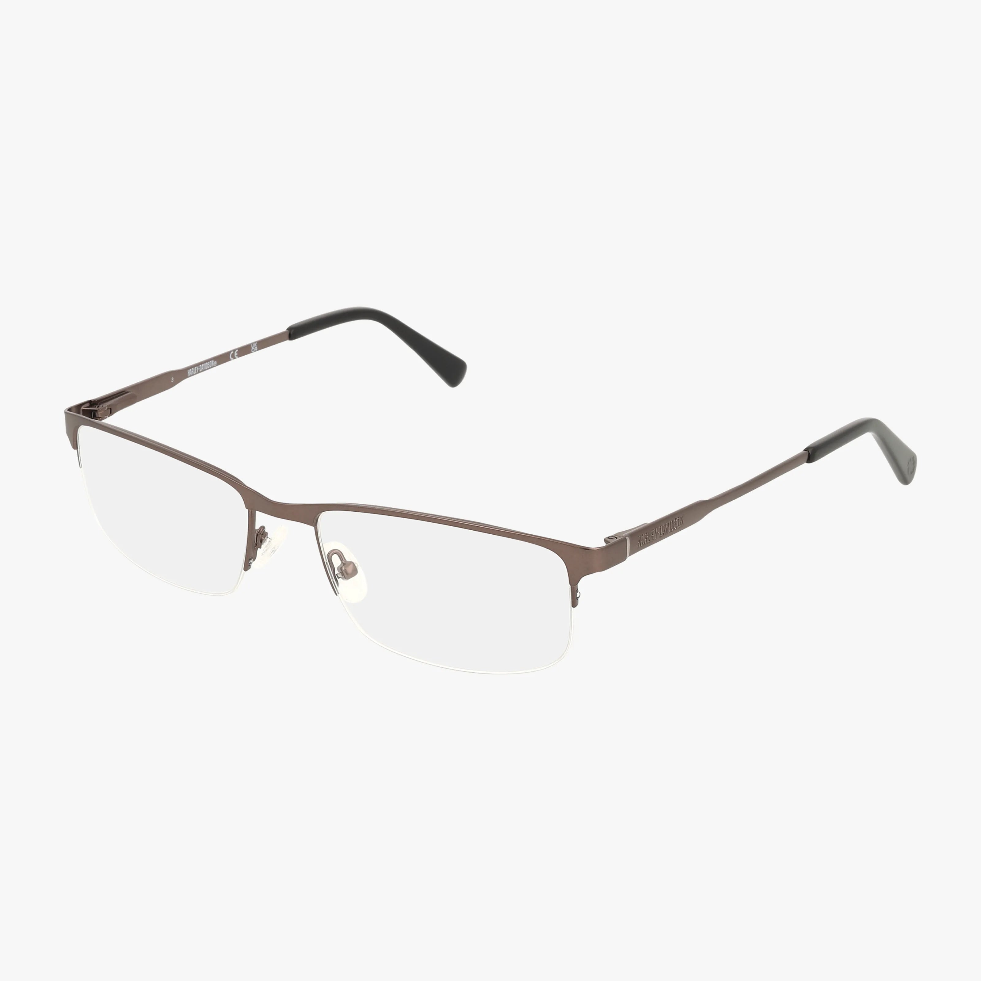 The HD759 semi-rimless eyeglasses feature a brown metal frame, clear lenses, slim black temple arms, and adjustable nose pads. This fashion-forward design offers a refined look against a white background.