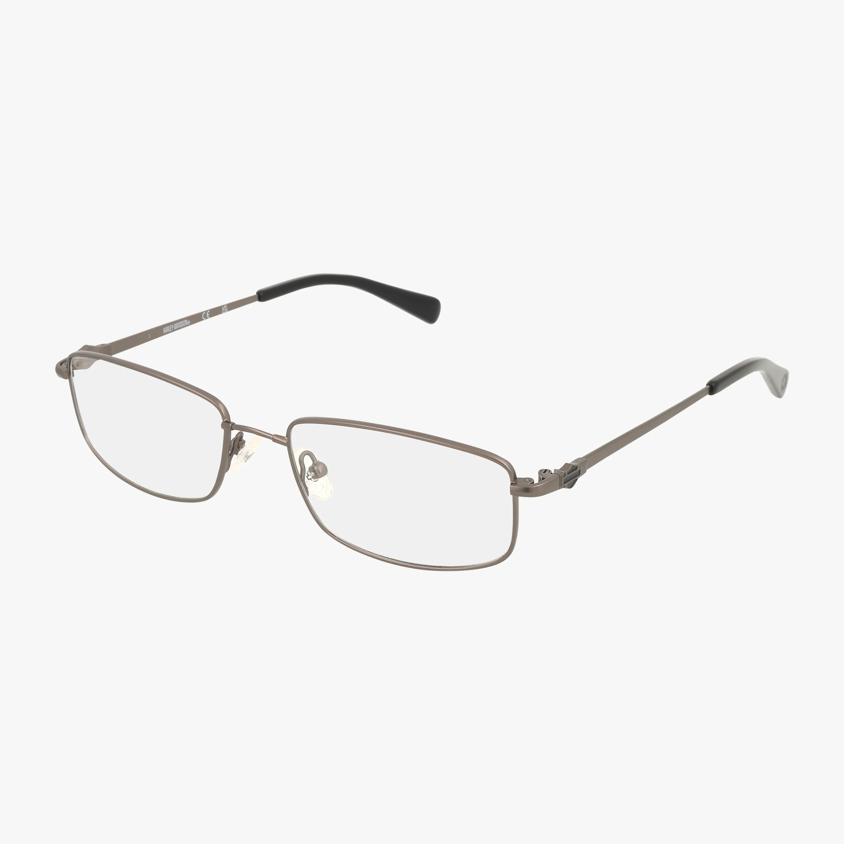 The HD0760 features rectangular metal eyeglasses with a thin silver frame, adjustable nose pads, black plastic temple tips, and clear or Transitions lenses, shown on a white background.