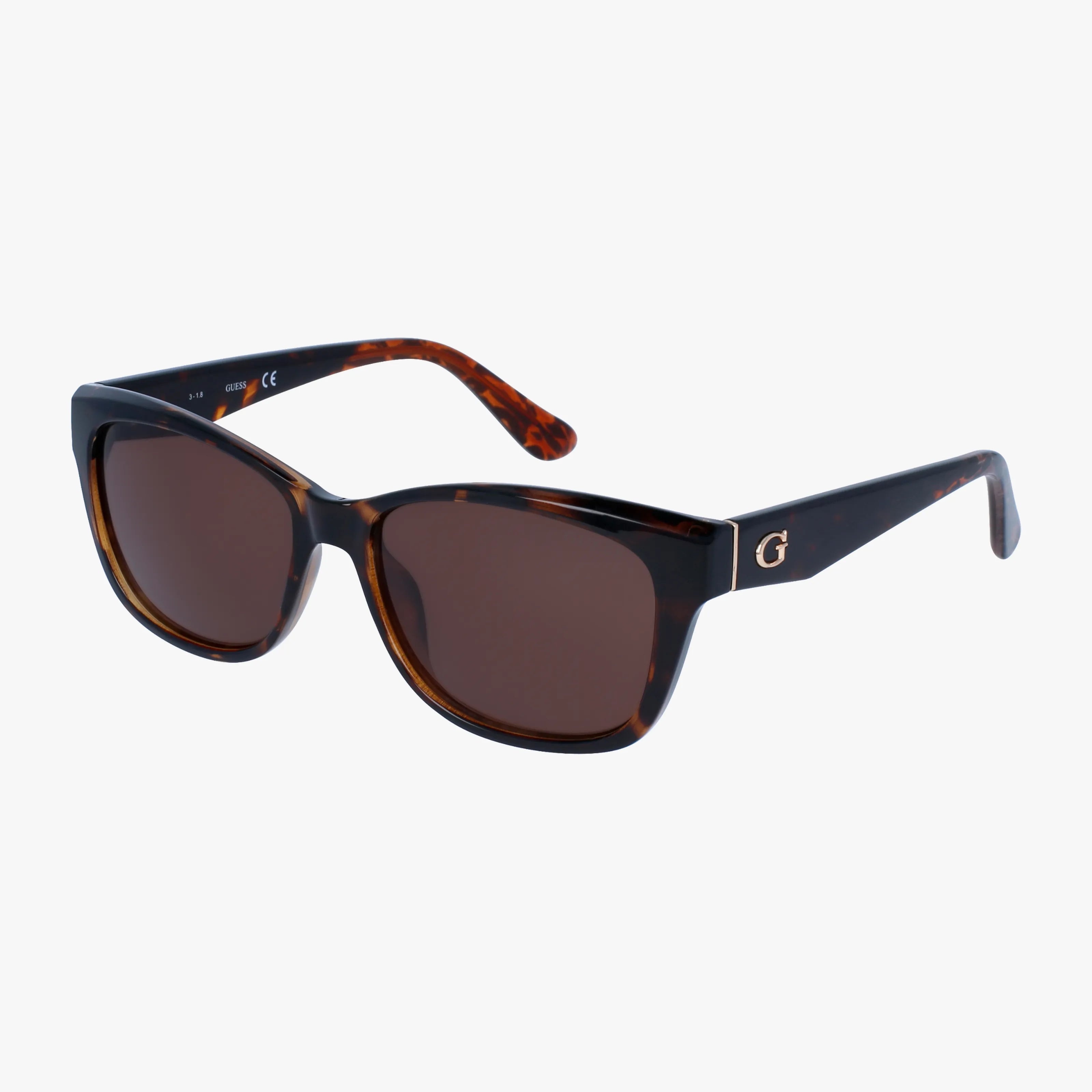 The GU7538S sunglasses feature a bold brown tortoiseshell frame, dark lenses, and a gold G logo on the temple—an eye-catching accessory for any fashion lover, shown against a white background.