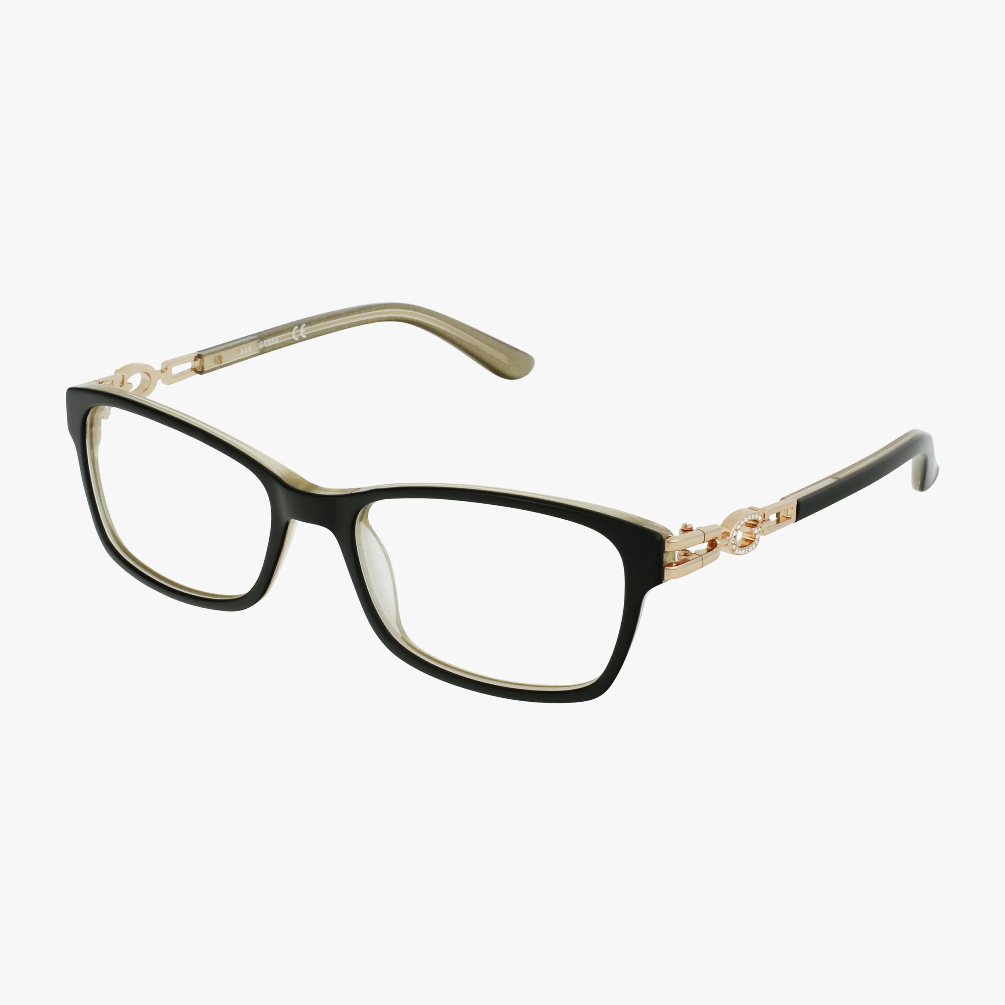 GU2677: Black rectangular eyeglasses with thick frames, gold accents on the raised temples, and a decorative interlocking detail near the hinges for a premier, well-crafted look.
