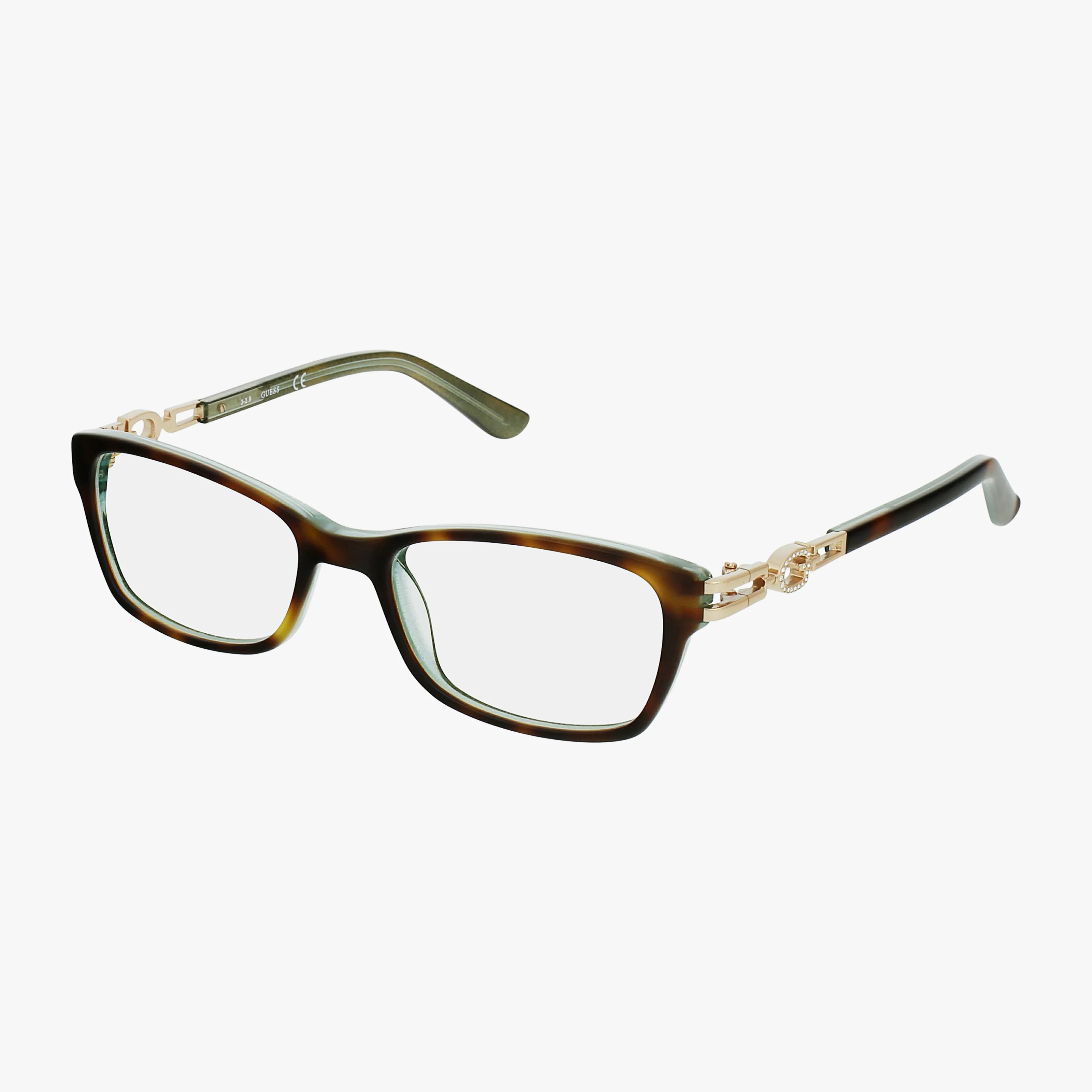 GU2677 rectangular eyeglasses feature dark tortoiseshell frames, gold hinges, and elevated chain-like temple accents on the arms, shown against a white background.