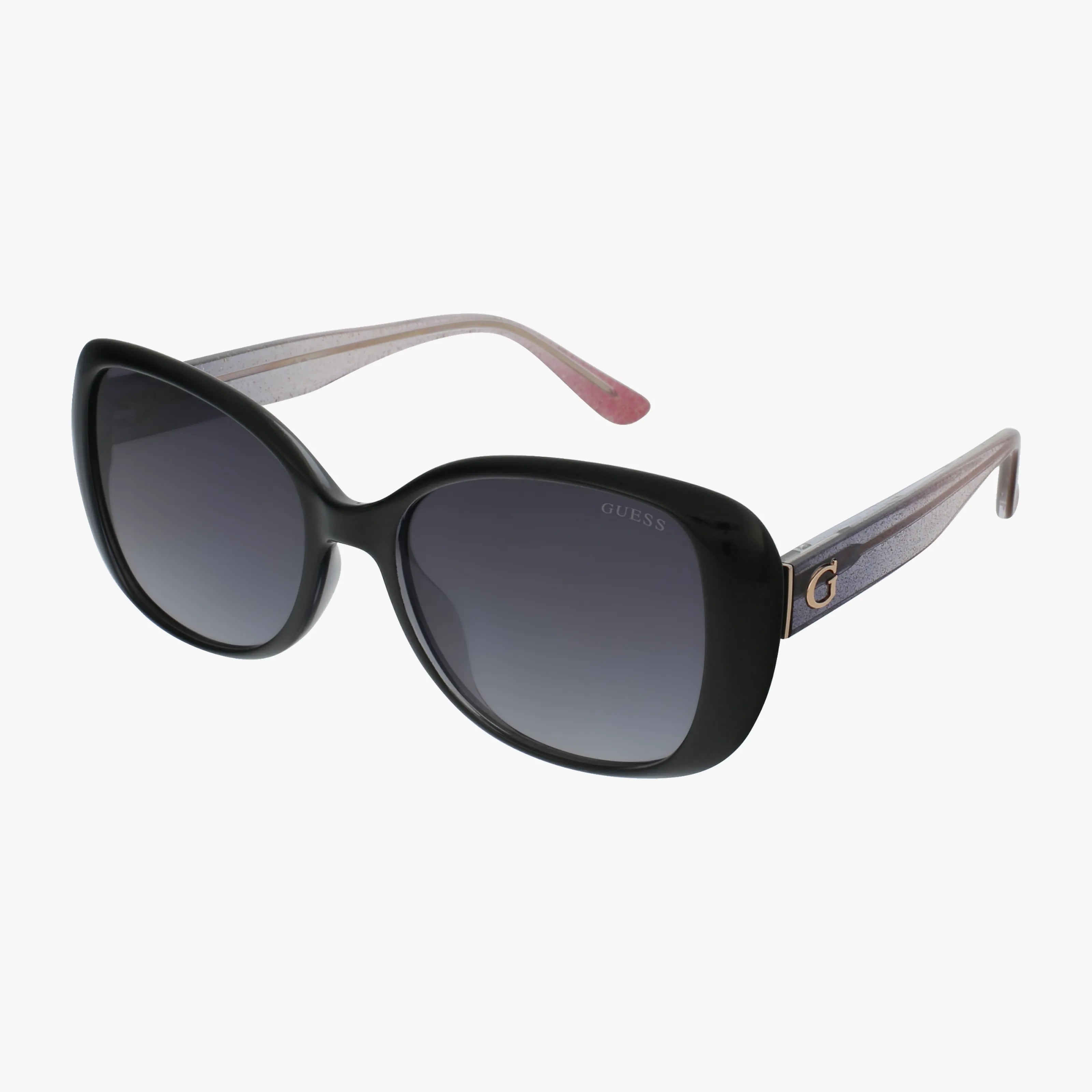 The GU7554 features oversized black frames, gradient gray lenses, and slightly translucent light purple arms. These stylish sunglasses have a lightweight design and a gold G logo on the left arm near the hinge.