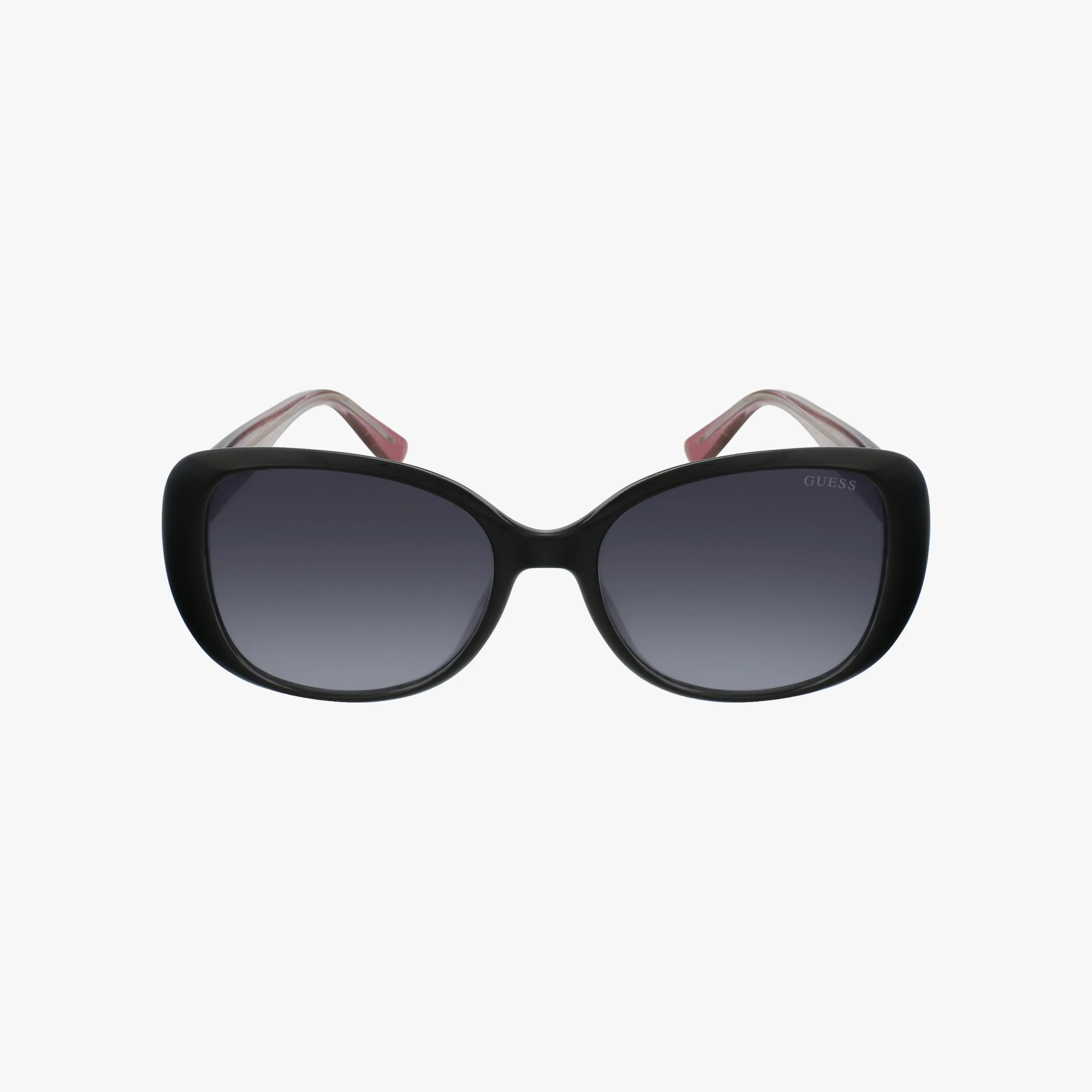 Front view of GU7554 black oversized sunglasses with a lightweight frame, gradient dark lenses, and pink interior arms, set against a plain white background.