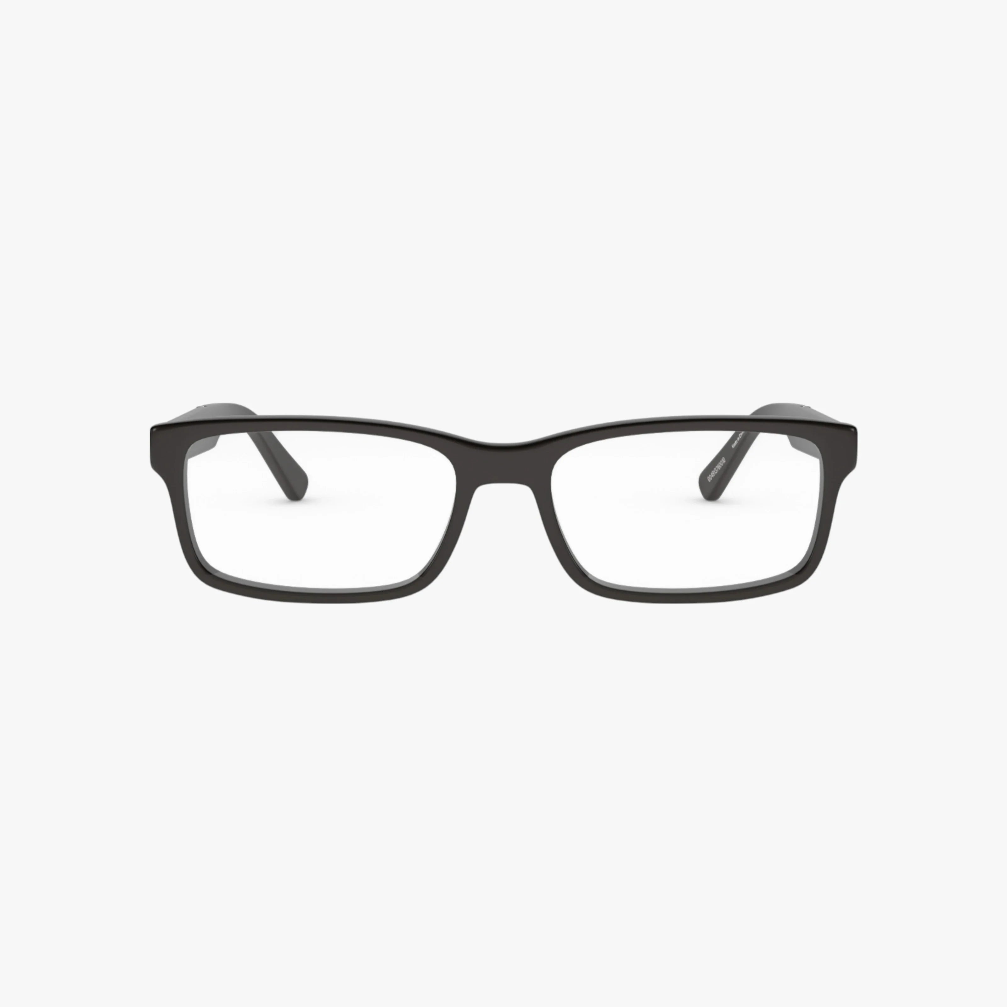 The HD774 eyeglasses feature a sleek black rectangular frame with clear lenses, displayed front-facing on a white background, designed to boost your confidence and style.